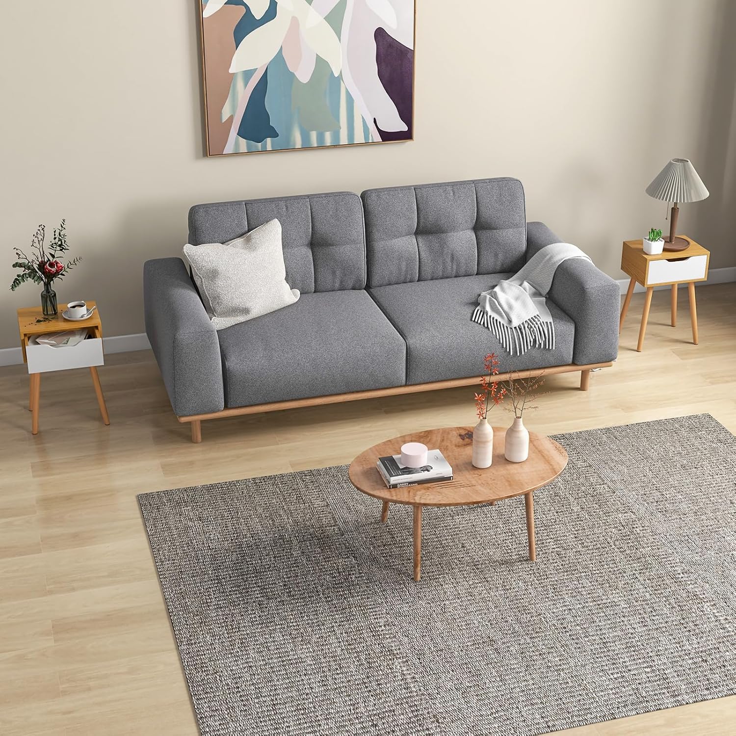 GOFLAME Nightstand with Drawer, Mid Century Modern Bedside Table with Storage, Compact Side Table with Solid Beech Wood Legs, Small End Table for Bedroom, Natural