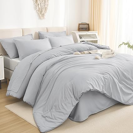 Litanika King Size Comforter Set Light Grey - 7 Pieces Bed in a Bag King Bedding Comforter Sets, Solid Lightweight Bed Set with Comforter, Sheets, Pillowcases & Shams