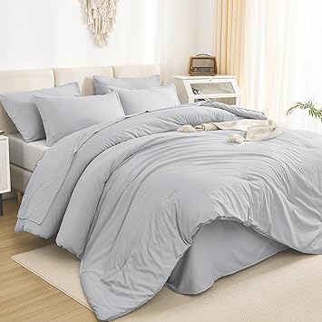 Litanika King Size Comforter Set Light Grey - 7 Pieces Bed in a Bag King Bedding Comforter Sets, Solid Lightweight Bed Set with Comforter, Sheets, Pillowcases & Shams
