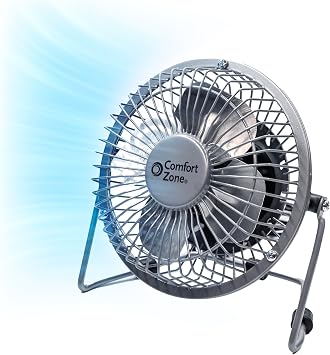 Comfort Zone 4-inch All-Metal Mini Desk Fan High Velocity Portable USB Fan with 120V Wall Adapter, 360 Adjustable Tilt & Quiet Operation Compact Electric Table Fan for Office, Home & Travel