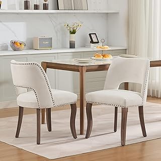 Mid Century Modern Dining Chairs Set of 2, Farmhouse Fabric Upholstered Accent Curved Backrest Kitchen Chairs Armchairs Side Chair with Solid Wood Legs, Beige