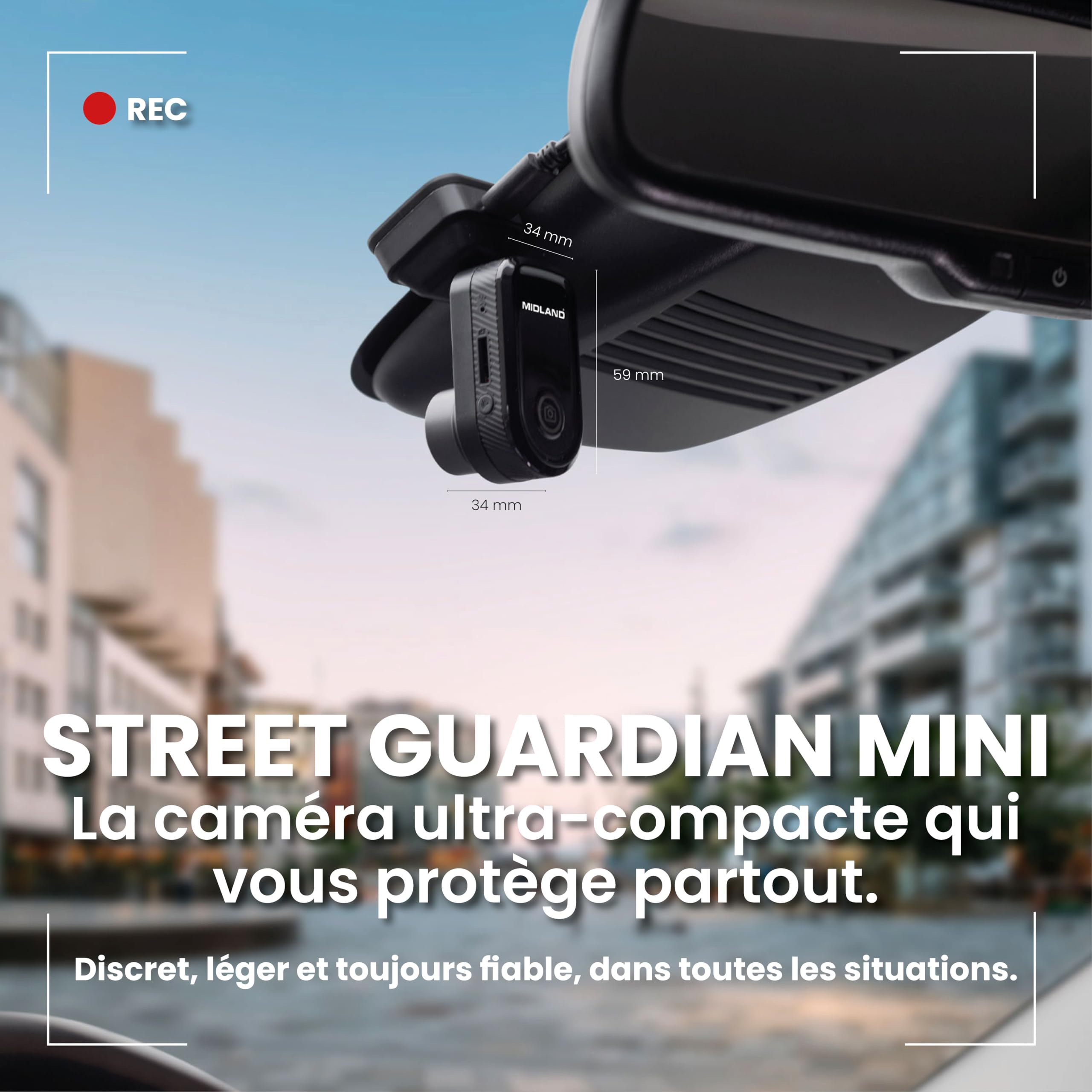 Midland - Dash Cam Auto Street Guardian Mini, Dashcam avec Localisateur GPS intégré, Caméra avec Capteur G pour Détection des Chocs - Accessoires Auto, Caméra Wi-FI pour Accès Vidéo Depuis Smartphone