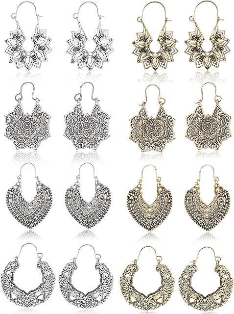 Jerywe 8-12 Pairs Bohemian Mandala Flower Earrings for Women Girls Vintage Dangle Drop Hook Earrings Retro Tribal Tassels Gypsy Pierced Earrings Hollow Heart Pendant Earrings Set
