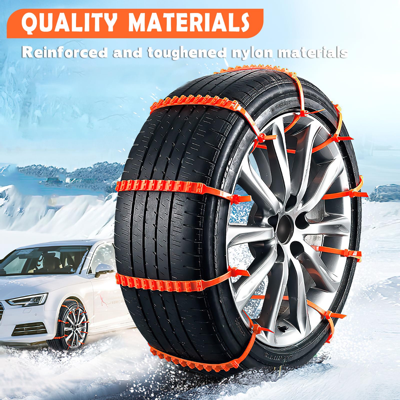 Schneeketten Wiederverwendbar,Darryy Auto Schneeketten 10 Stück,Schneereifen Ketten Universal,für Verschiedene raue Straßenbedingungen wie Schnee Schlamm Klettern und Eis (Orange)