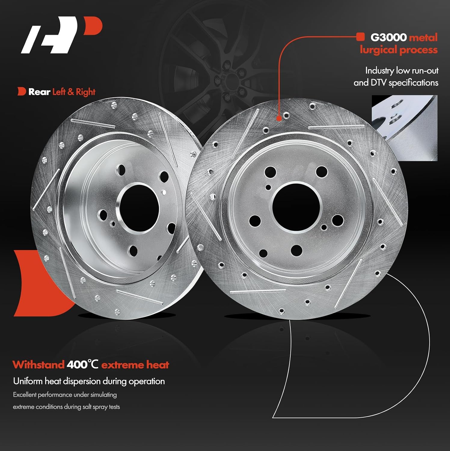 A-Premium 11.10 inch (281.94mm) Rear Drilled and Slotted Disc Brake Rotors Compatible with Select Toyota and Lexus Models - RAV4 2006-2018 2.4L 2.5L 3.5L, HS250h 2010-2012 2.4L, 2-PC Set