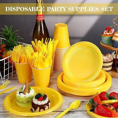 Miniatura 3 de Uiifan 300 suministros desechables para fiestas, incluyen 50 platos llanos de plástico de 9 pulgadas, 50 platos de plástico de 7 pulgadas, 50 vasos