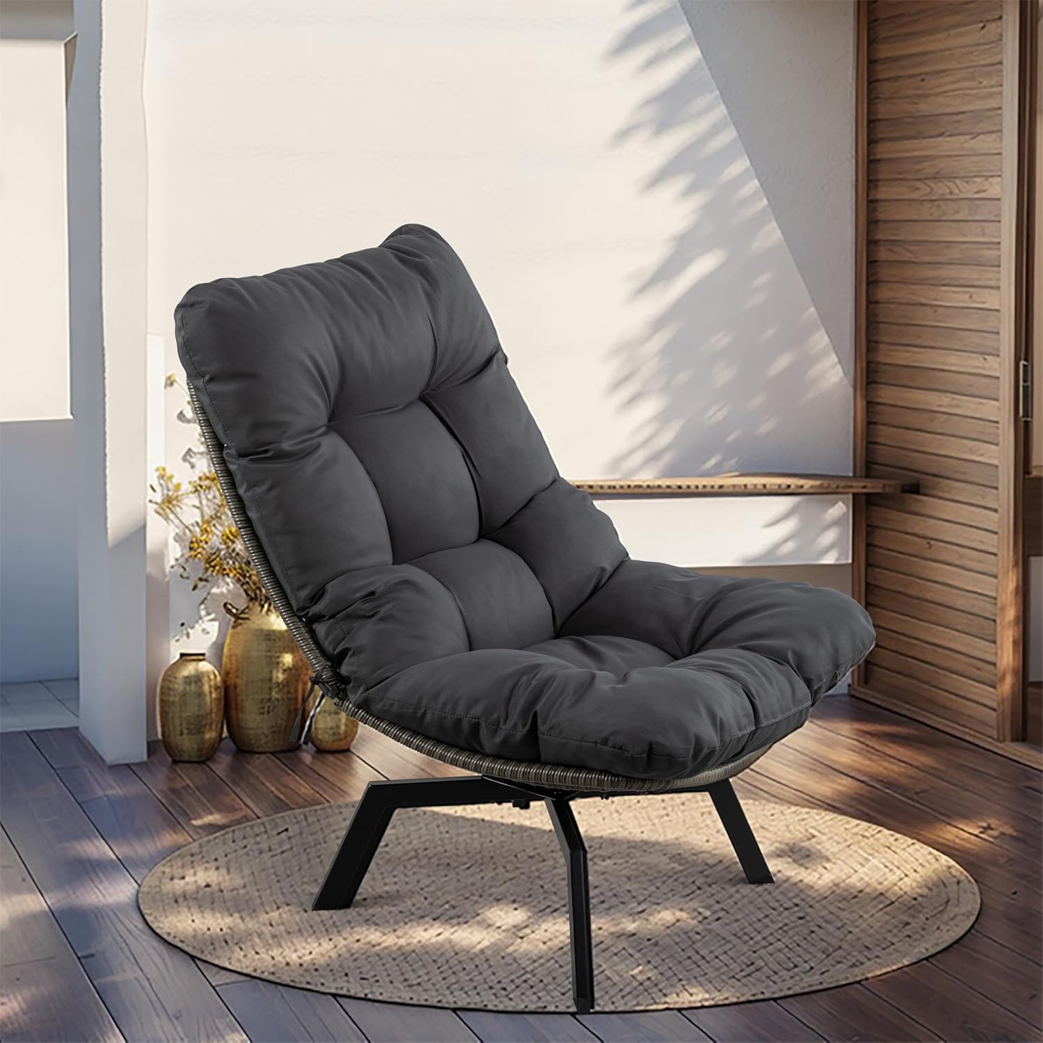 JAMFLY Rattan Swivel Chair, 360° Wicker Swivel Chairs with Thickened Cushions & Side Storage, Bohemian Farmhouse Style for Kitchen, Dining Room, Café, Patio, Beige