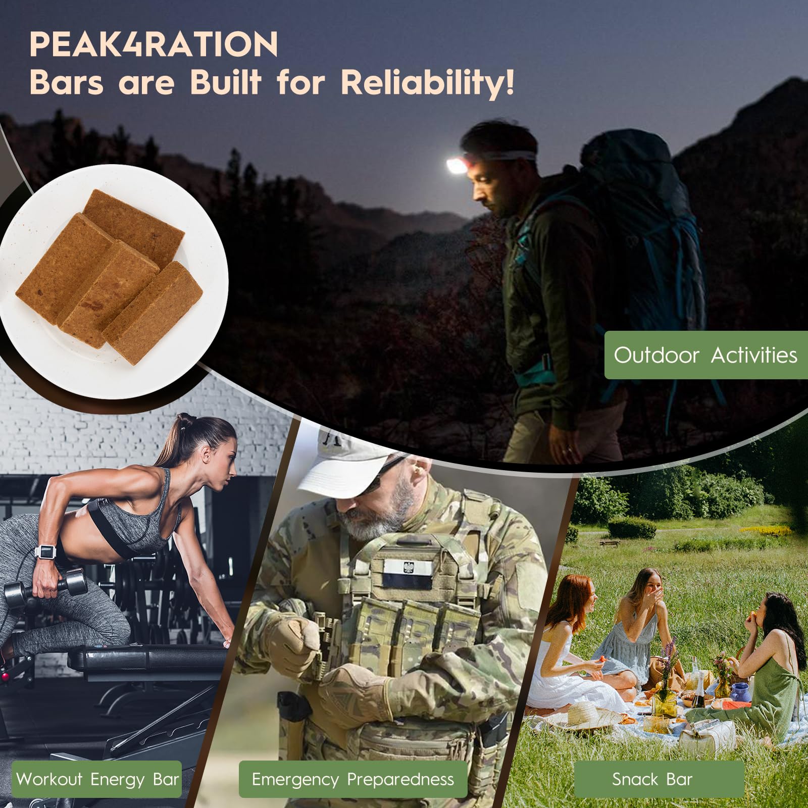 PEAK4RATION Barretta ad alta energia | Biscotti di razione di emergenza – Caramello cannella, 3 kg (12 confezioni da 250 g) 13728 kcal | Biscotti compressi a lunga durata fino a 12 giorni di fornitura
