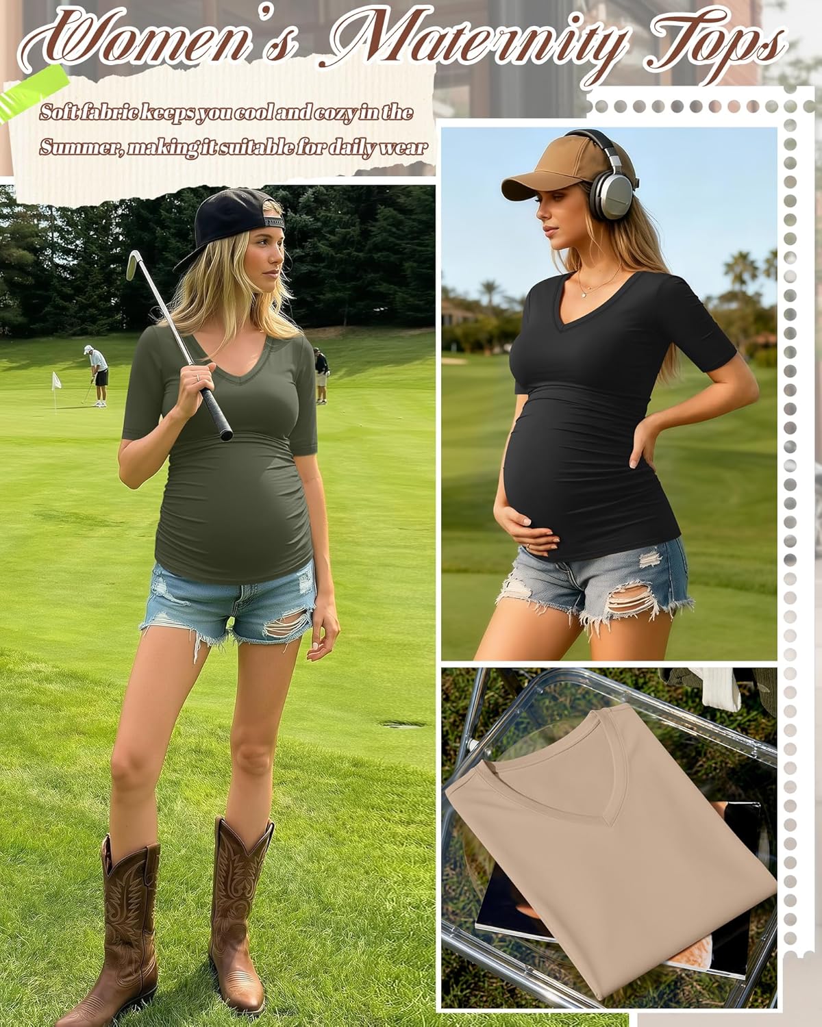 Riyiper 5 Pack Women's Maternity Shirts V Neck Half Sleeve Maternity Tops Side Ruched Casual Tee Pregnancy Clothes - Image 4