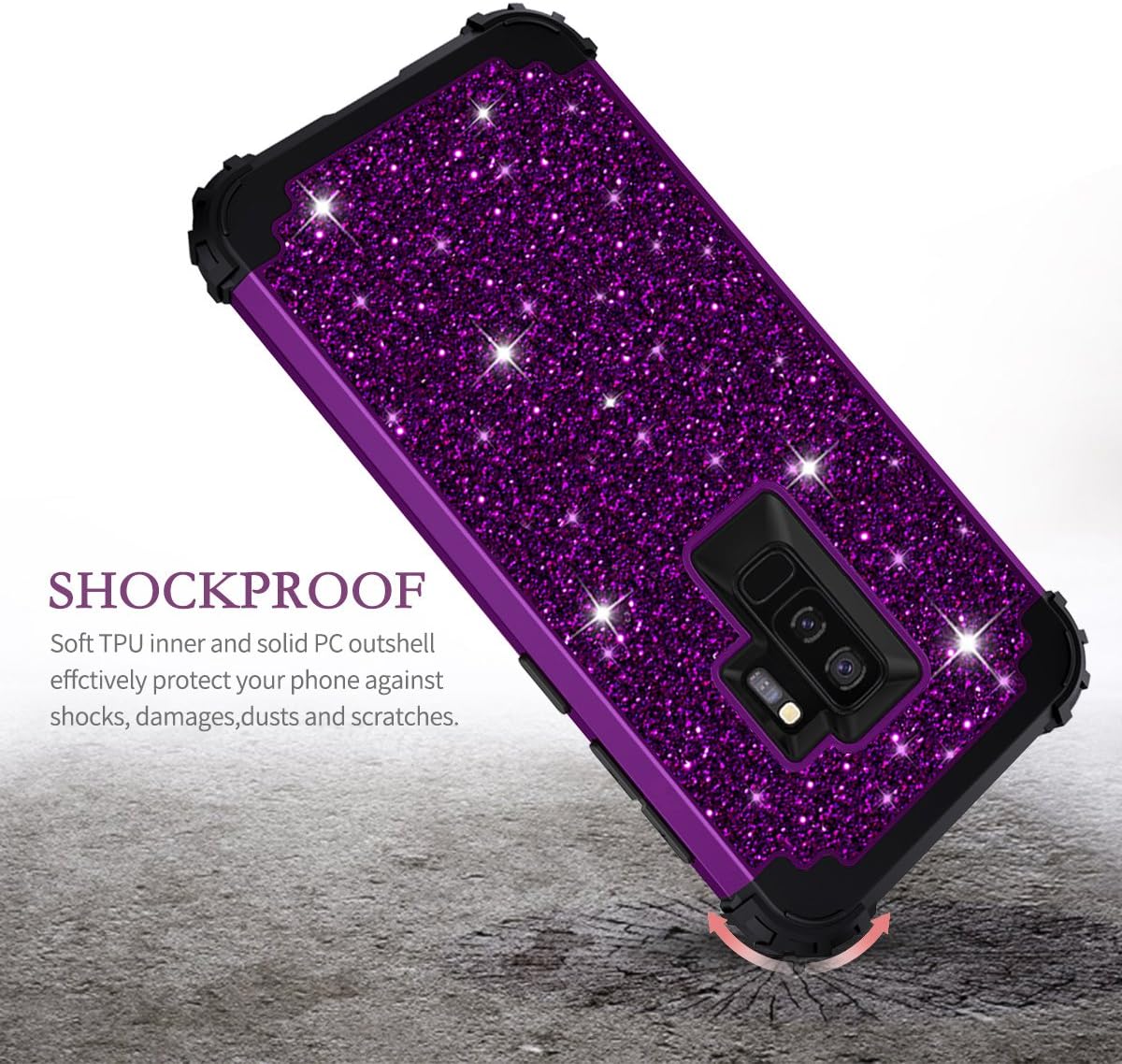 LONTECT for Galaxy S9 Plus Case Glitter Sparkly Bling Shockproof Heavy Duty Hybrid Sturdy High Impact Protective Cover Case for Samsung Galaxy S9 Plus/Galaxy S9+, Shiny Purple/Black