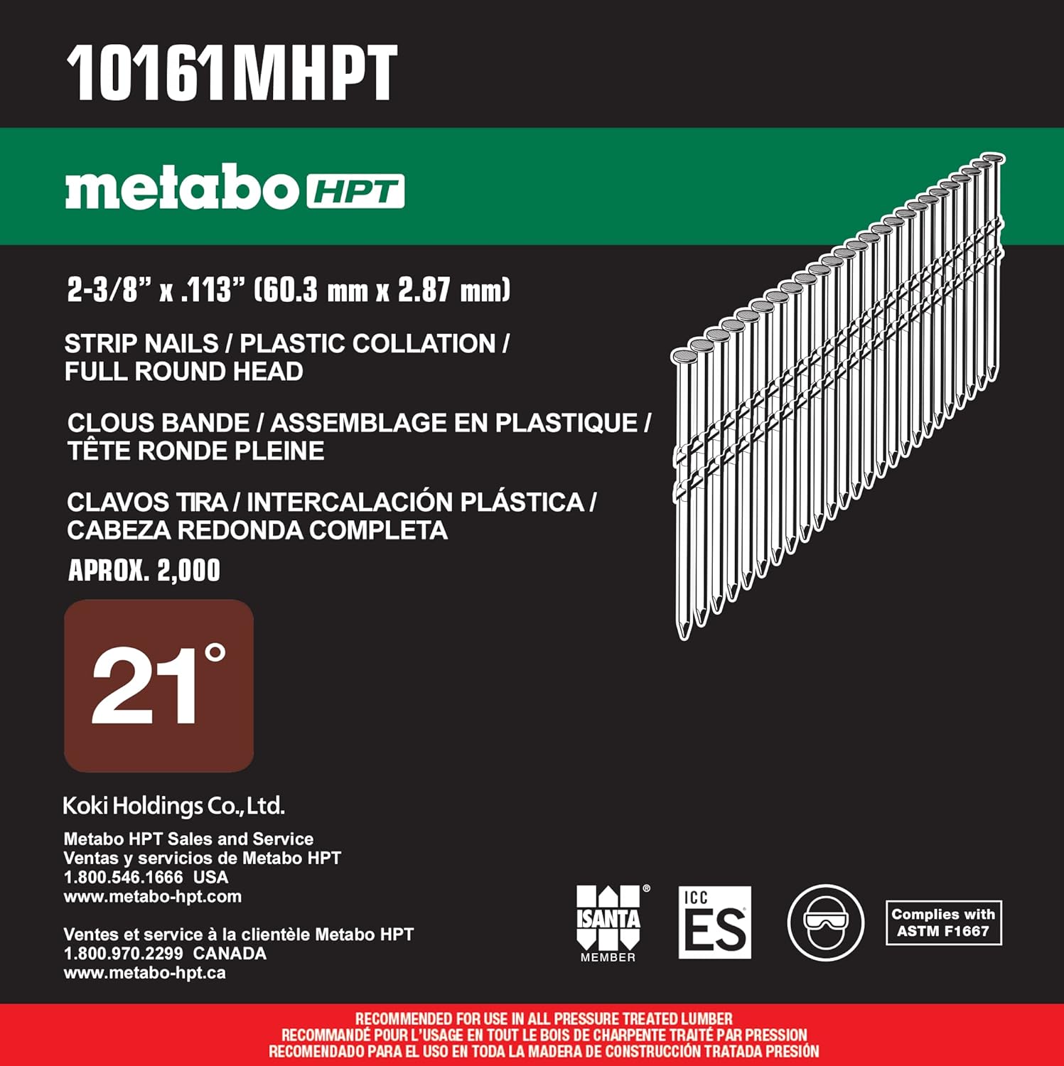 Metabo HPT Framing Nails | 2-3/8-Inch x .113 | Ring Shank | 21 Degree | Full Round Head | Hot Dipped Galvanized | 2,000 Count | 10161MHPT