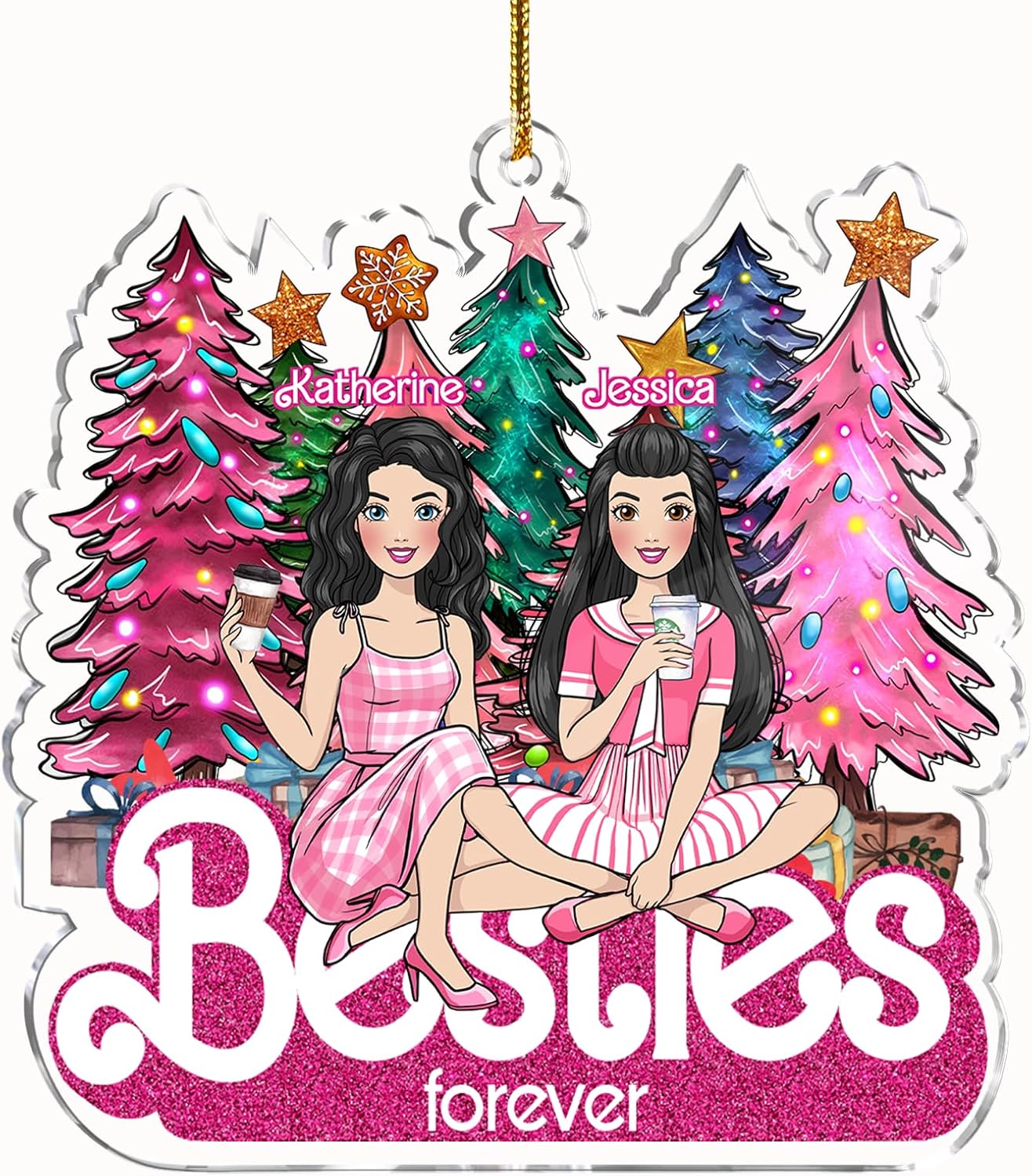 Gossby Personalized Besties Forever Acrylic Christmas Ornament - Custom Christmas Friendship Gift for Female Best Friend with Design, Name - Novelty 2 Besties Gift for Women - Xmas Decoration Keepsake