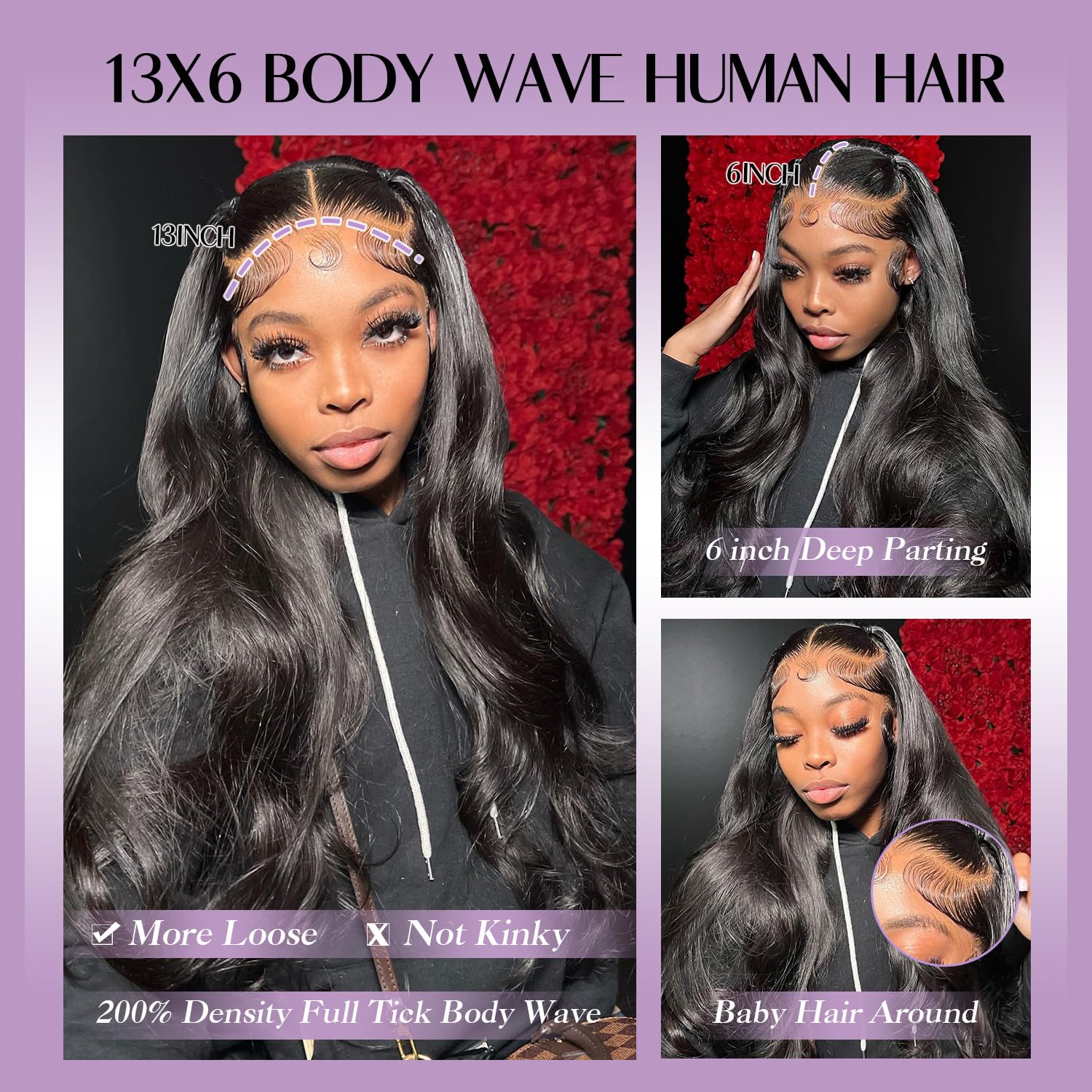 Body Wave Wigs Human Hair 13x6 Real Frontal Wig 200 Density HD Transparent Lace Front Wigs Human Hair Pre-Plucked Can Last 6-9 Months Tangle-Free Natural Black for Women 20Inch - Image 2