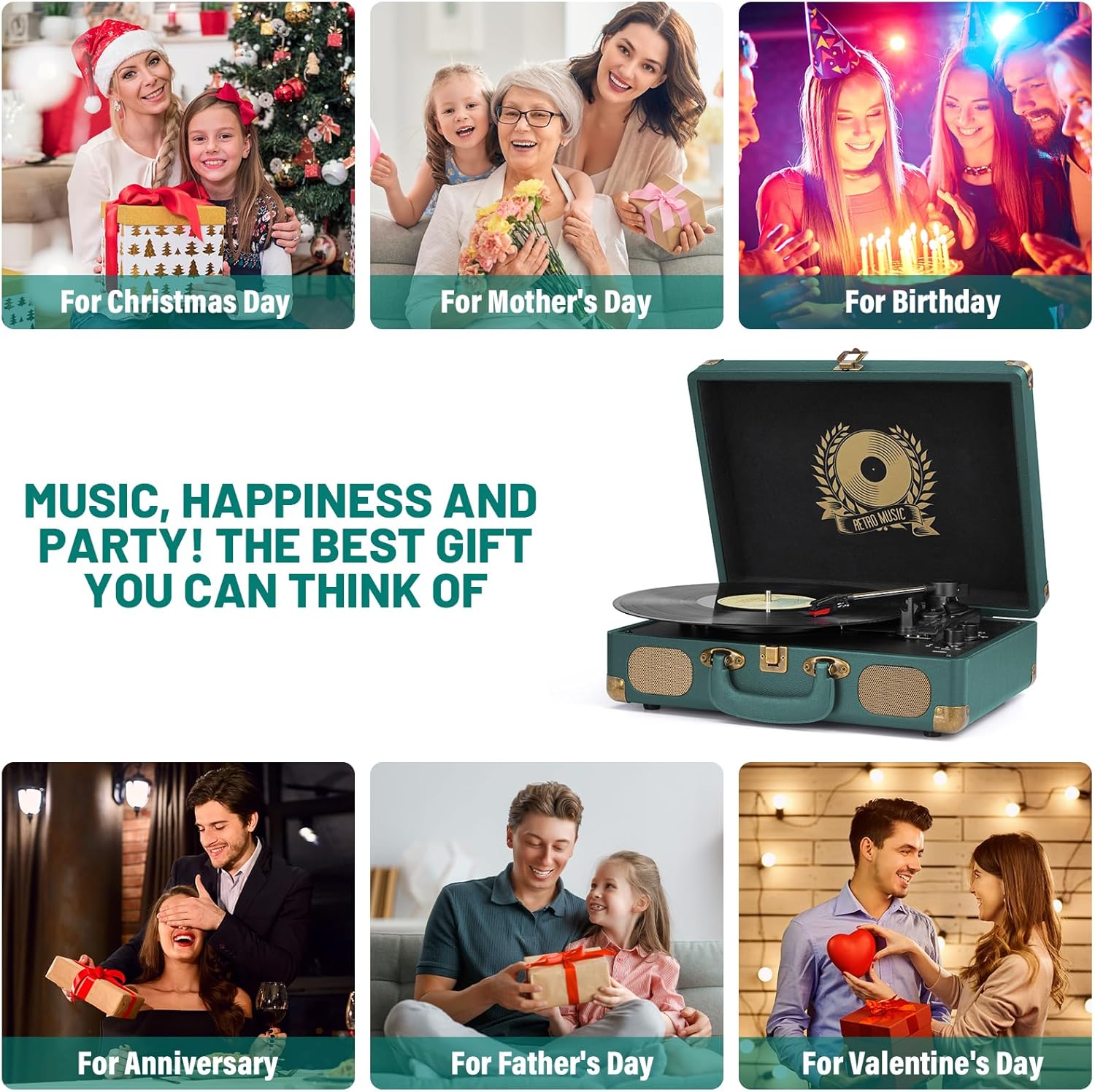 Vinyl Record Player Bluetooth Turntable 3-Speed Suitcase Portable Vintage Belt-Driven Record Player with Built-in Speakers RCA Line Out AUX in Headphone Jack Hunter Green
