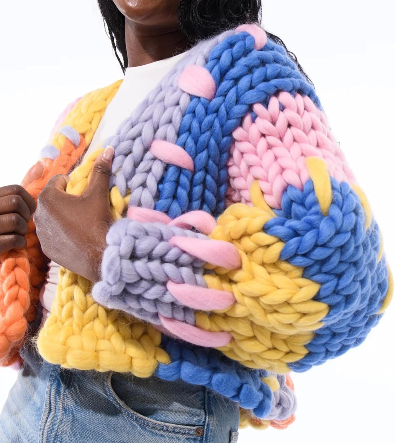 Oversized Womens Cardigan Chunky Knit Long Sleeves Patchwork Color Slouchy Boxy Heavyweight Sweater