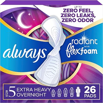 Always Radiant Feminine Pads for Women, Flexfoam Pads with Wings, Size 5, Extra Heavy Overnight Absorbency, Lightly Scented, 26 Count