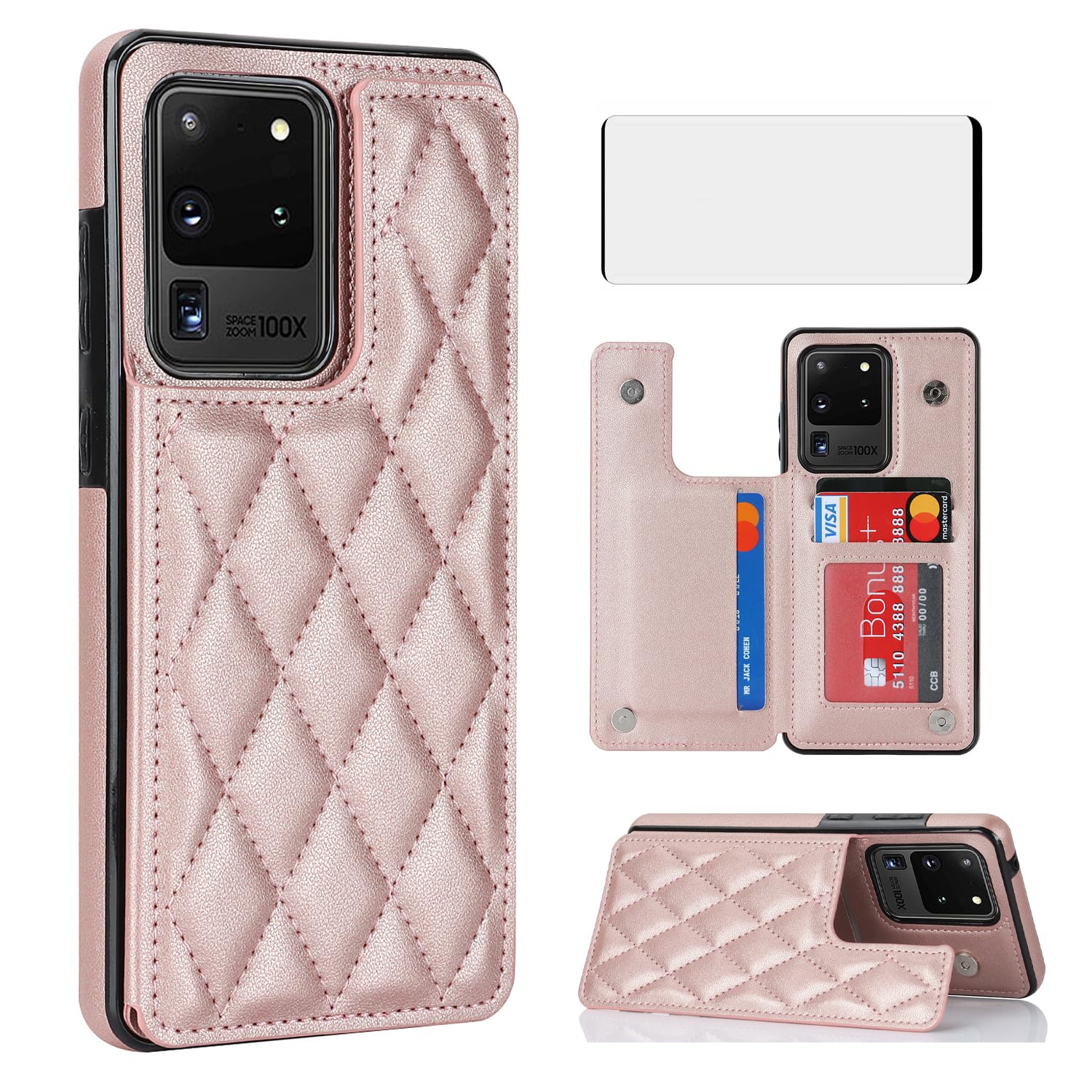 Asuwish Phone Case for Samsung Galaxy S20 Ultra 5G Wallet Cover with Screen Protector and Leather RFID Credit Card Holder Stand Cell Accessories S20ultra 20S S 20 A20 S2O 20ultra G5 Women Rose Gold
