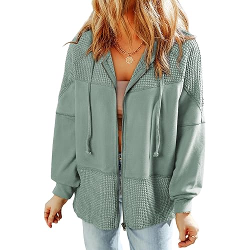 Dokotoo Waffle Knit Hoodies for Womens Zip Up Fall Outfits 2024 Drawstring Casual Jackets