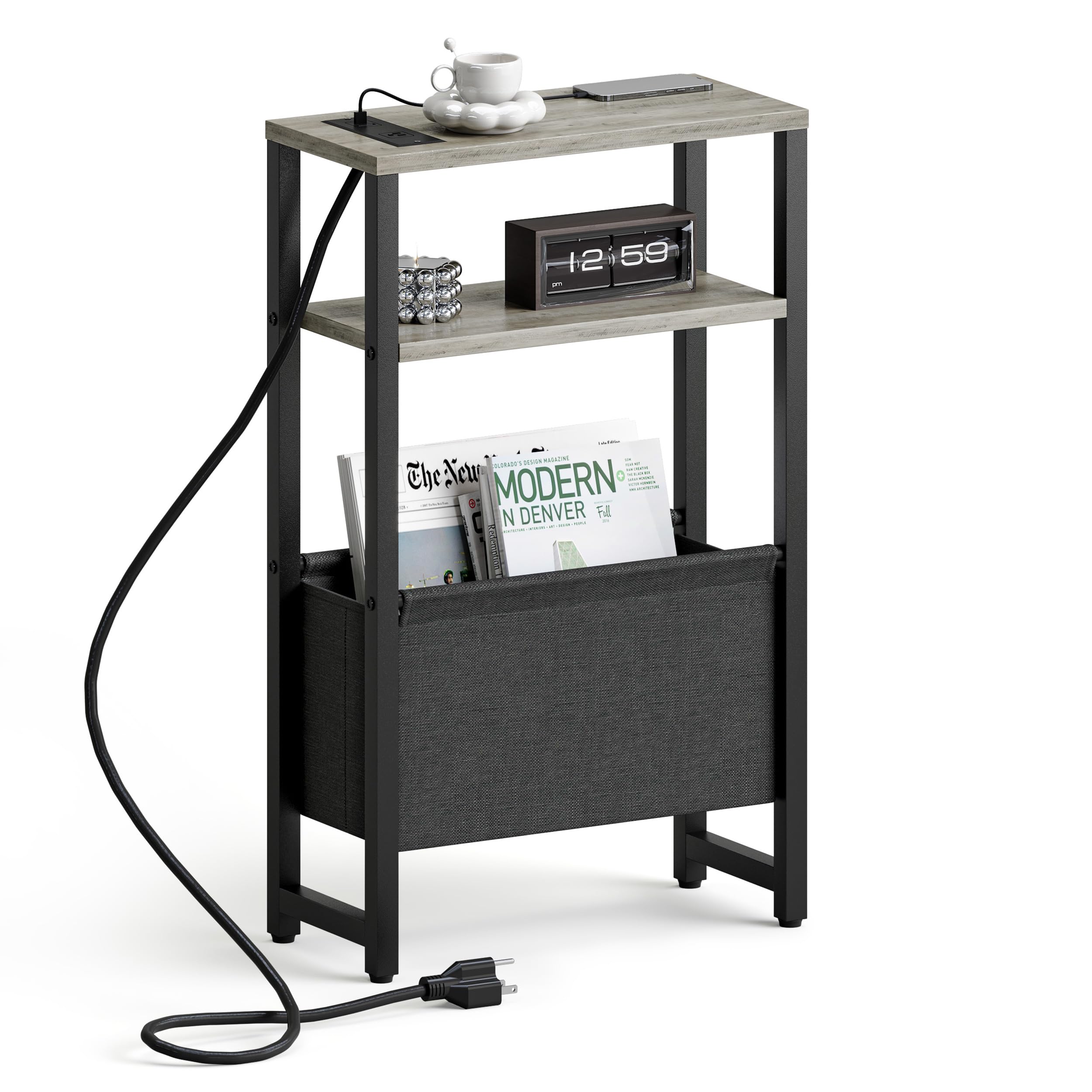 Photo 1 of IRCPEN Narrow Side Table with Charging Station Slim End Table Sofa with Magazine Rack, Bedside Table for Small Spaces, 3 Tier Nightstand for Living Room Couch, Bedroom Oak Grey LET503QE