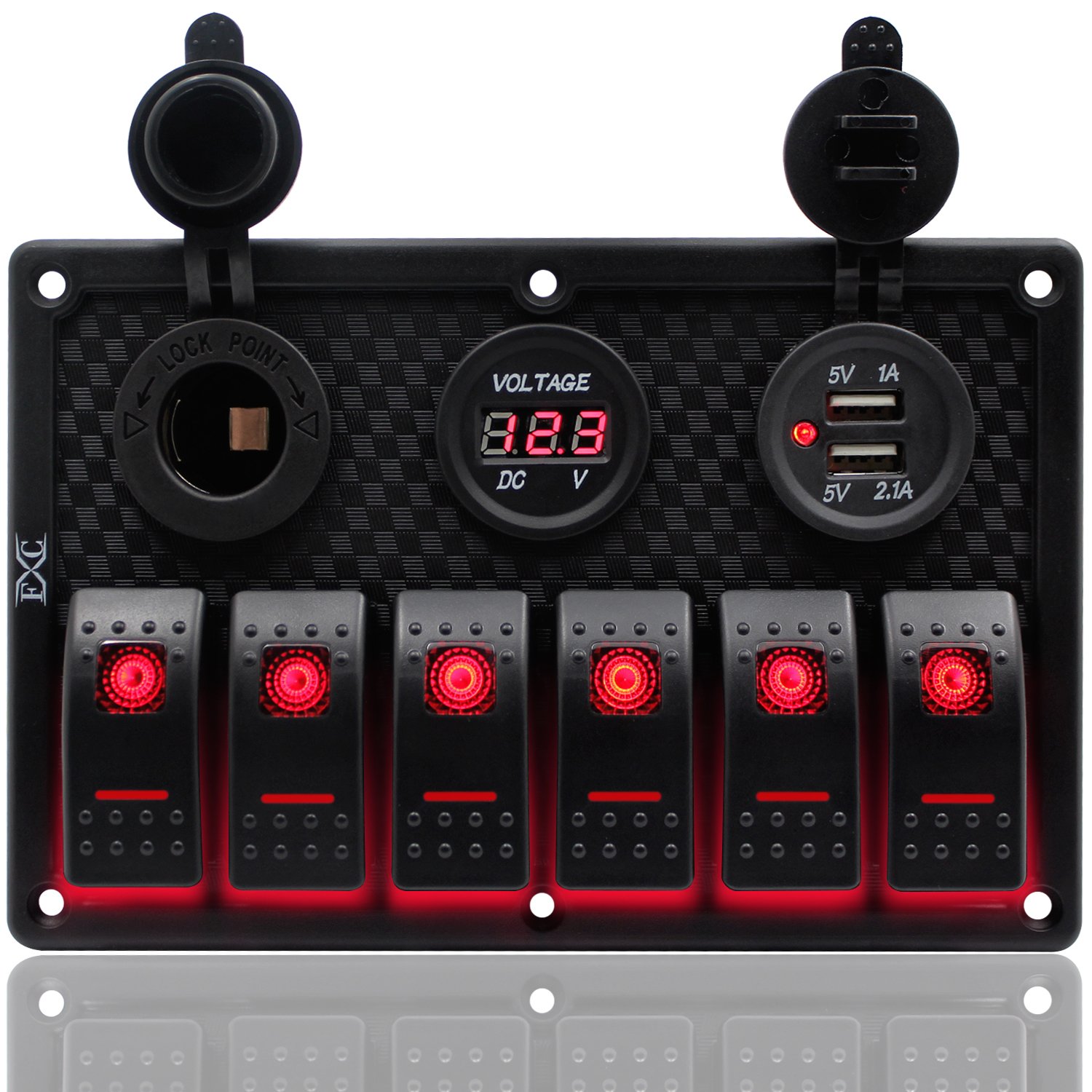 FXC Waterproof Marine Boat Rocker Switch Panel 6 Gang with Dual USB Slot Socket + Cigarette Lighter + Digital Voltage Display LED Light for Car Rv Vehicles Truck (6 Gang Red Light)