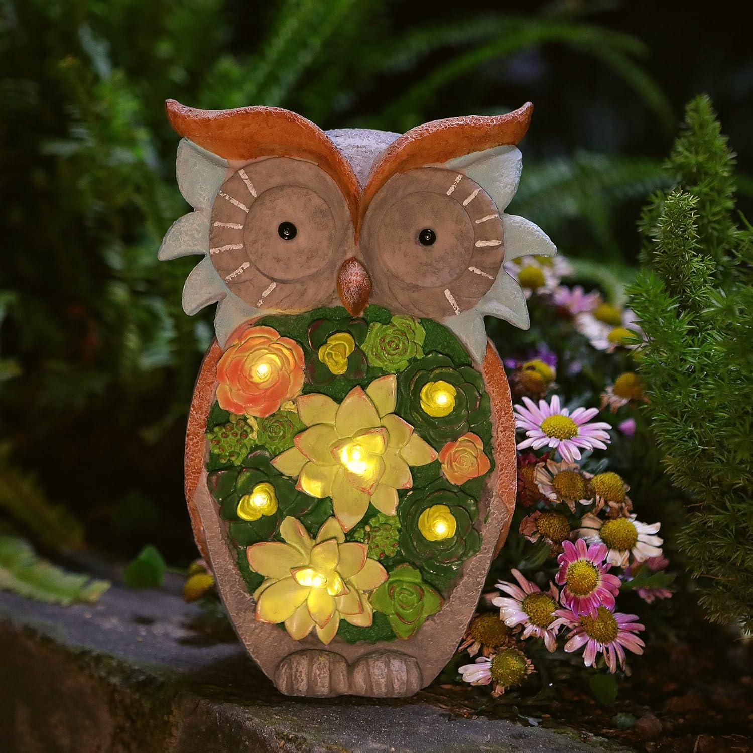 JHBOX Garden Statues Owl Decor, Solar Owl Lights LED Resin Statue, Outdoor Garden Decorative Figurine Ornaments, Indoor Outdoor Christmas Halloween Decorations for Patio, Yard, Lawn Art