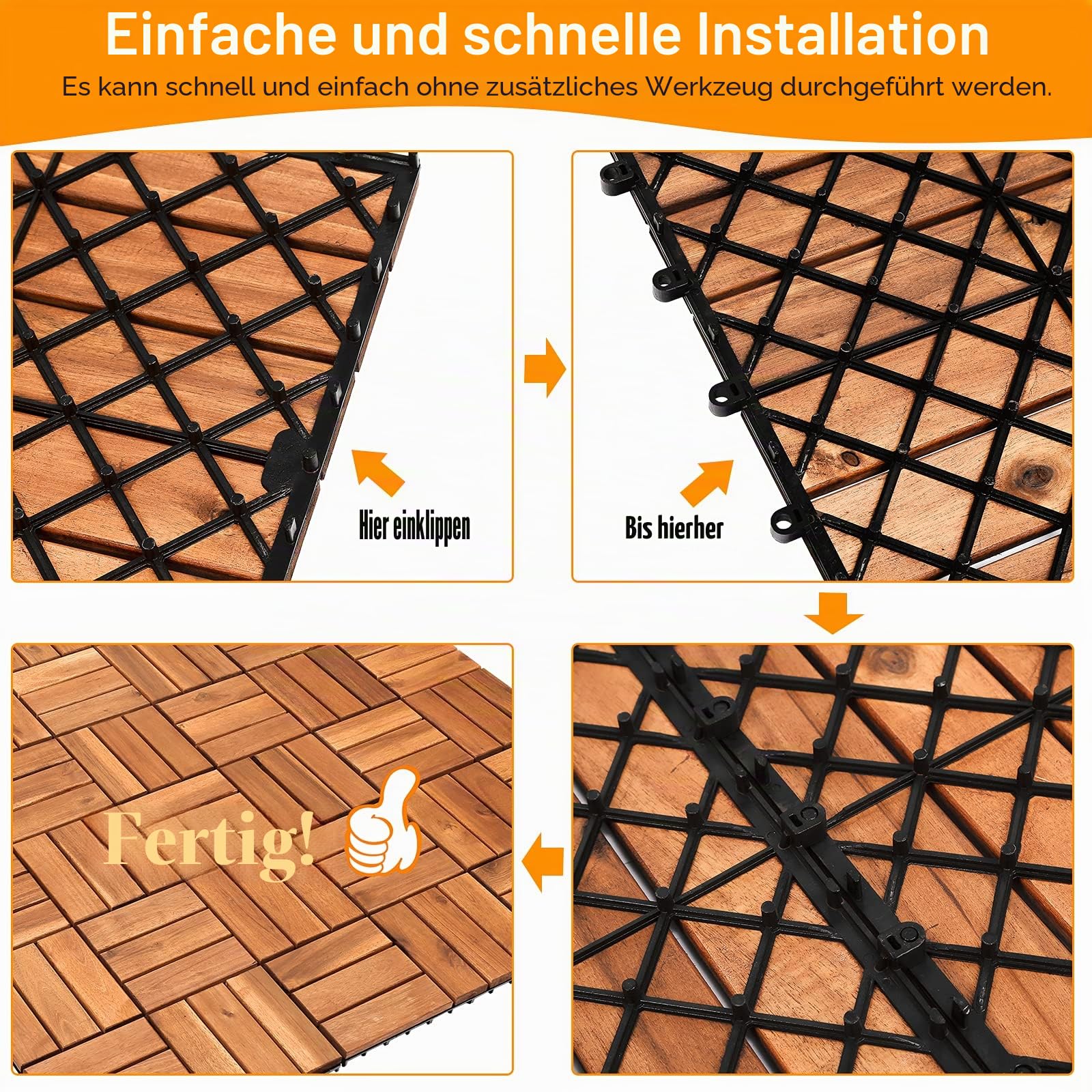 Sonnewelt 5m² Holzfliesen Balkon Bodenbelag aus Akazienholz 30x30cm, 55 Stück Holzfliesen Mosaik Balkonfliesen Terrassenfliesen für Garten Terrasse Balkon
