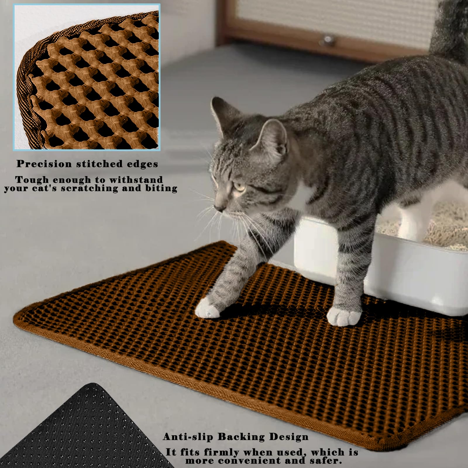 HCY&WLD Katzenstreu-Matte, Wabenmuster, doppellagig, wasserdicht, urinfest, rutschfest, Streukontrolle, weniger Abfall, leichter zu reinigen, Braun, 114,3 x 66 cm