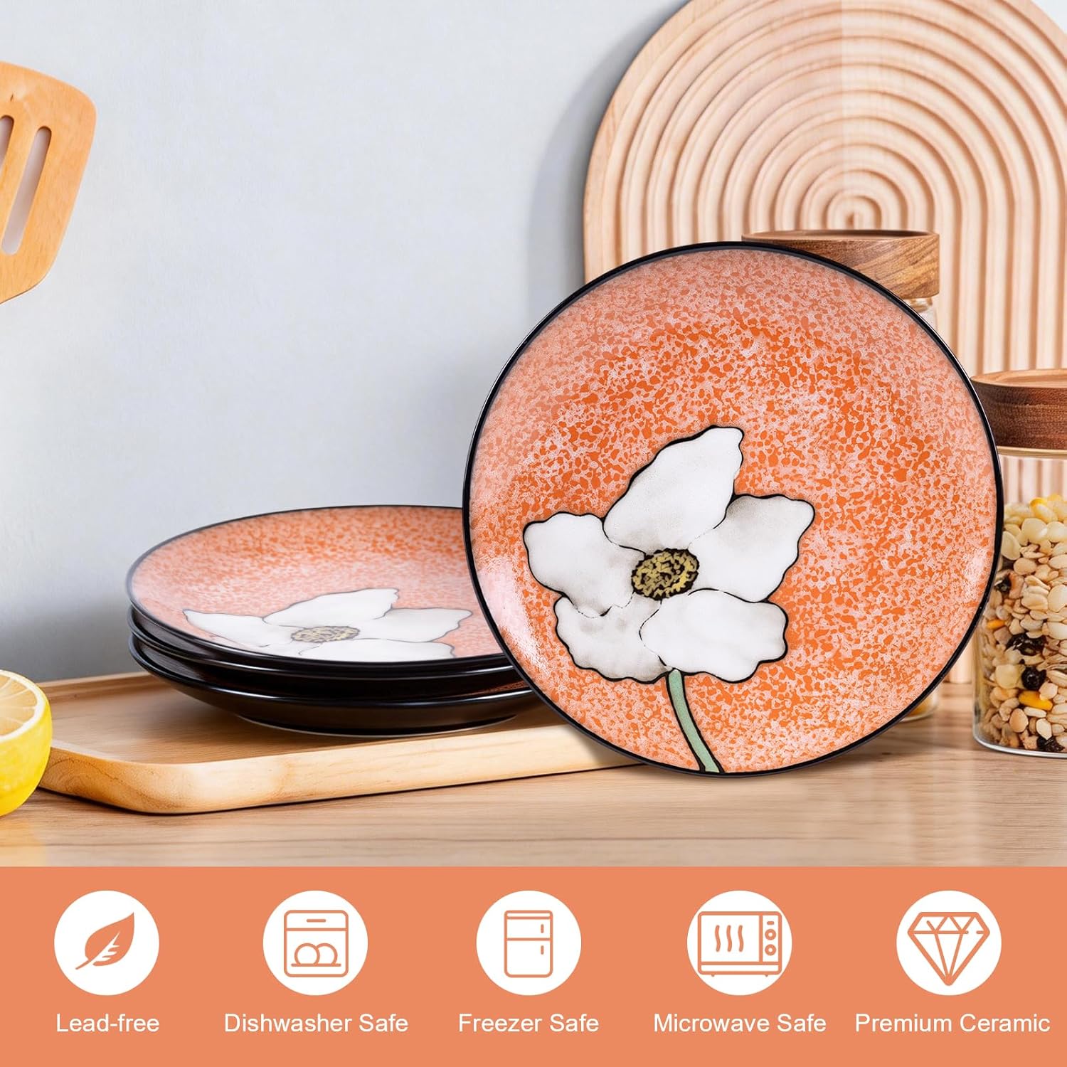 11 in Floral Plates, Ceramic Dinner Plates Set of 4, Microwave Dishwasher Oven Safe, for Salad, Dessert, Steak, Pasta & Appetizer, Breakfast Lunch Dinner, Porcelain Plates for Kitchen & Gift (Pink)