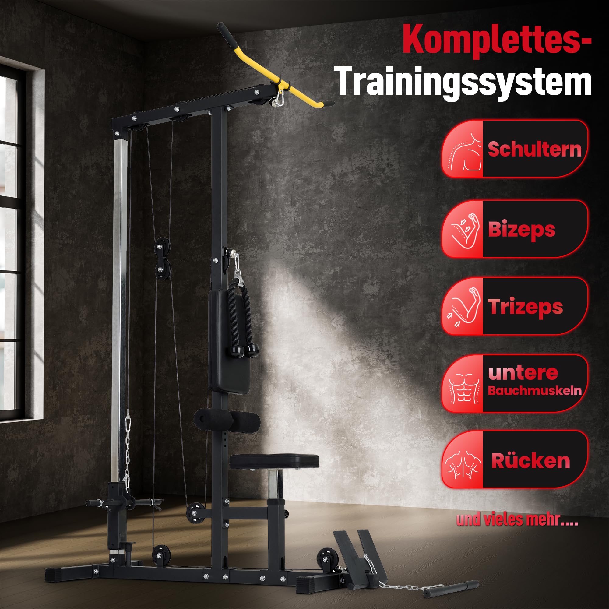 Ultrasport Latzugturm, Robustes Seilzugsystem mit leisen Umlenkrollen, Latzugstation für zu Hause, inkl. Latzugstange, Trizepsseil & Bizepsstange, Nutzergewicht bis 100kg