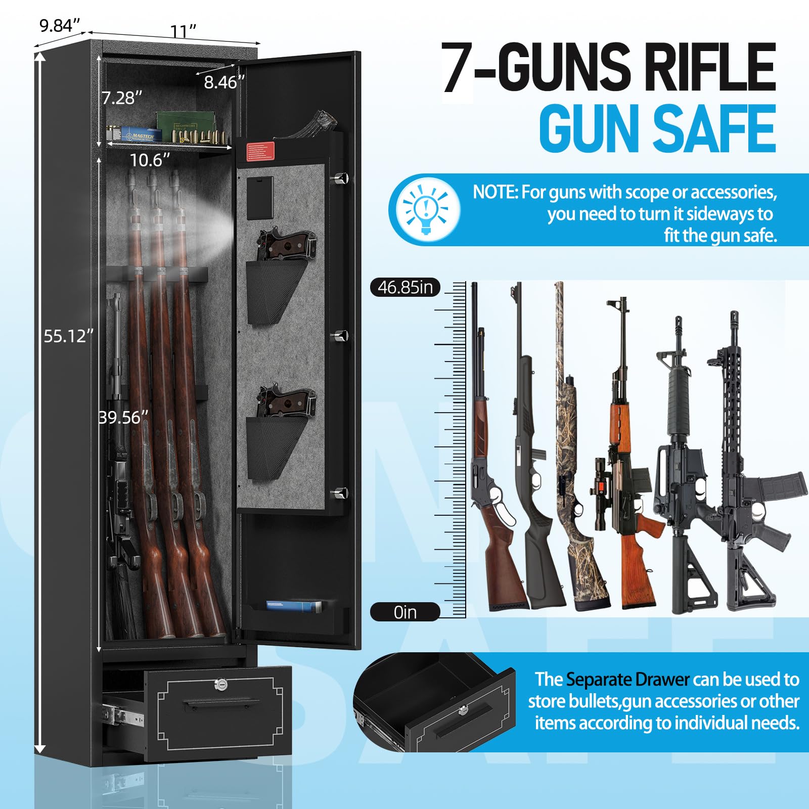 KAER 7 Gun Safe for Rifles and Pistols, Home Safes for Shotguns, Safe With Drawer, Removable Shelf, Rifle Rack
