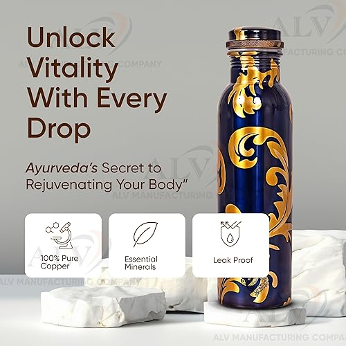 Miniatura 4 de ALV Botella de agua de cobre para beber, 34 onzas, grande martillada, 100% ayurvédica, botella de agua a prueba de fugas, botella aislada para