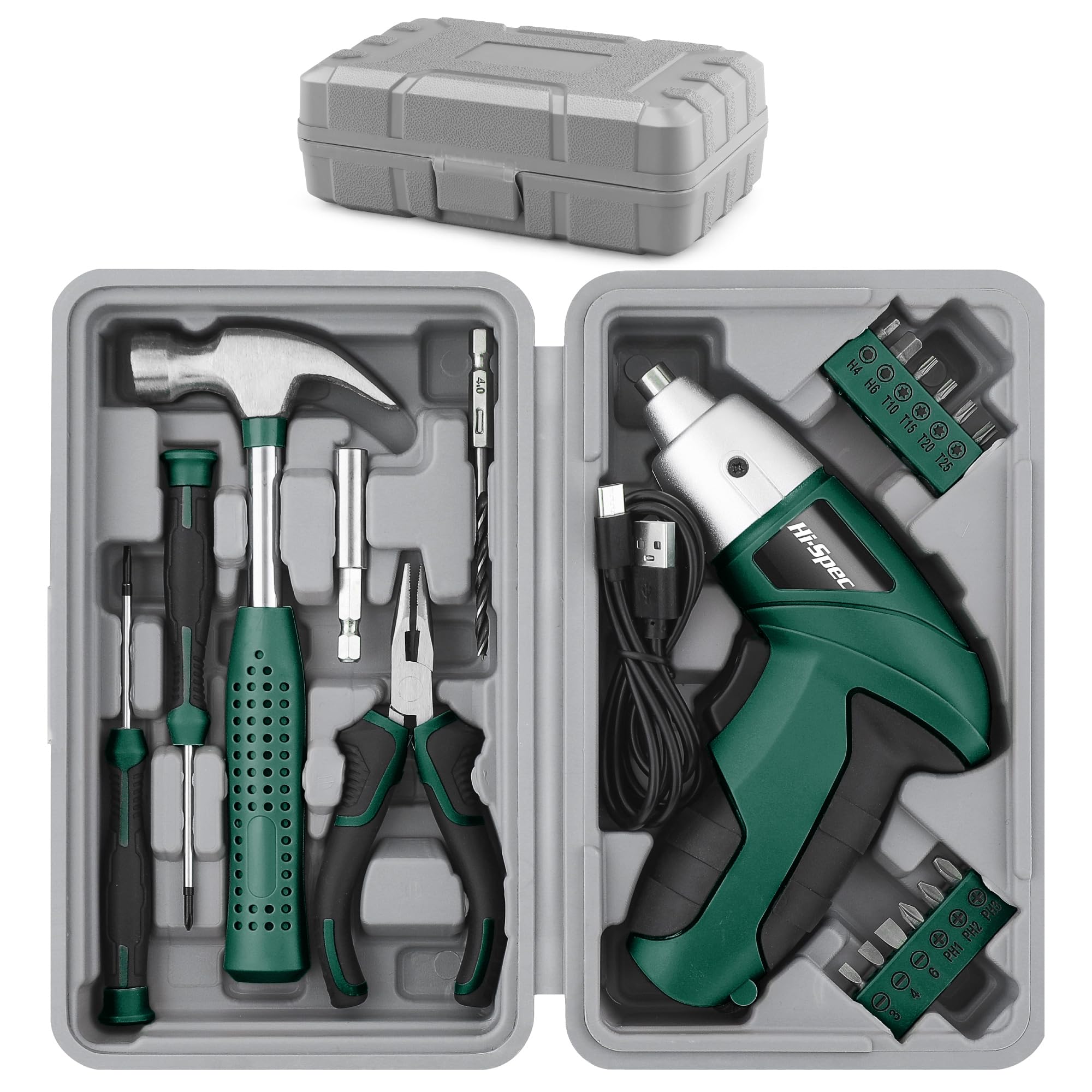 Hi-Spec 3.6V Cordless Electric Screwdriver Set with Interchangeable Bits, Green