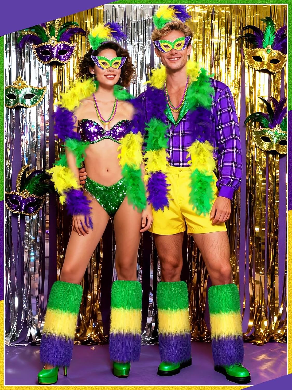 JULBEAR Mardi and Gras Accessory Costume, Purple Green Gold Accessories for Women with Feather Leg Warmers Headband Boa Eye Patch Carnival Outfits Party Favors Masquerade Parade Cosplay - Image 4