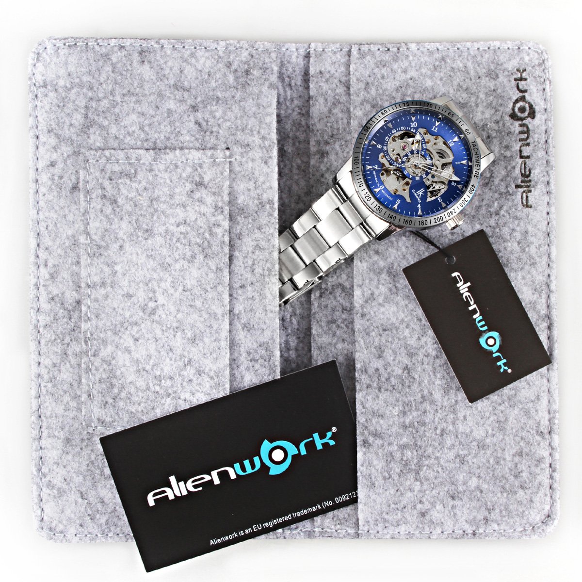Alienwork IK Reloj Automático Hombre Mujer Plateado Pulsera de Metal Acero Azul Esqueleto