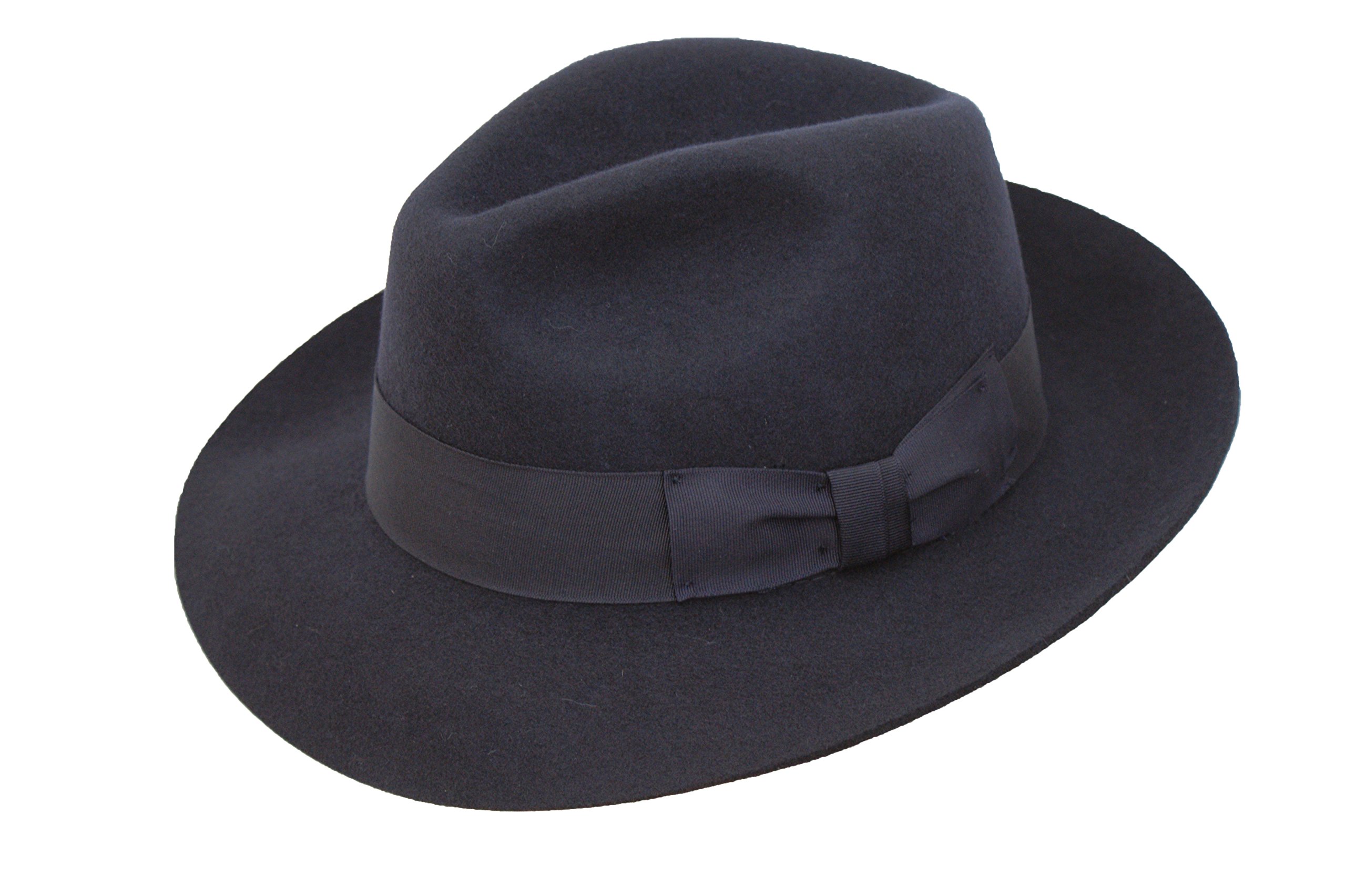 DH Gents Navy Blue Fedora Wool Felt Trilby Hat with Wider Brim New
