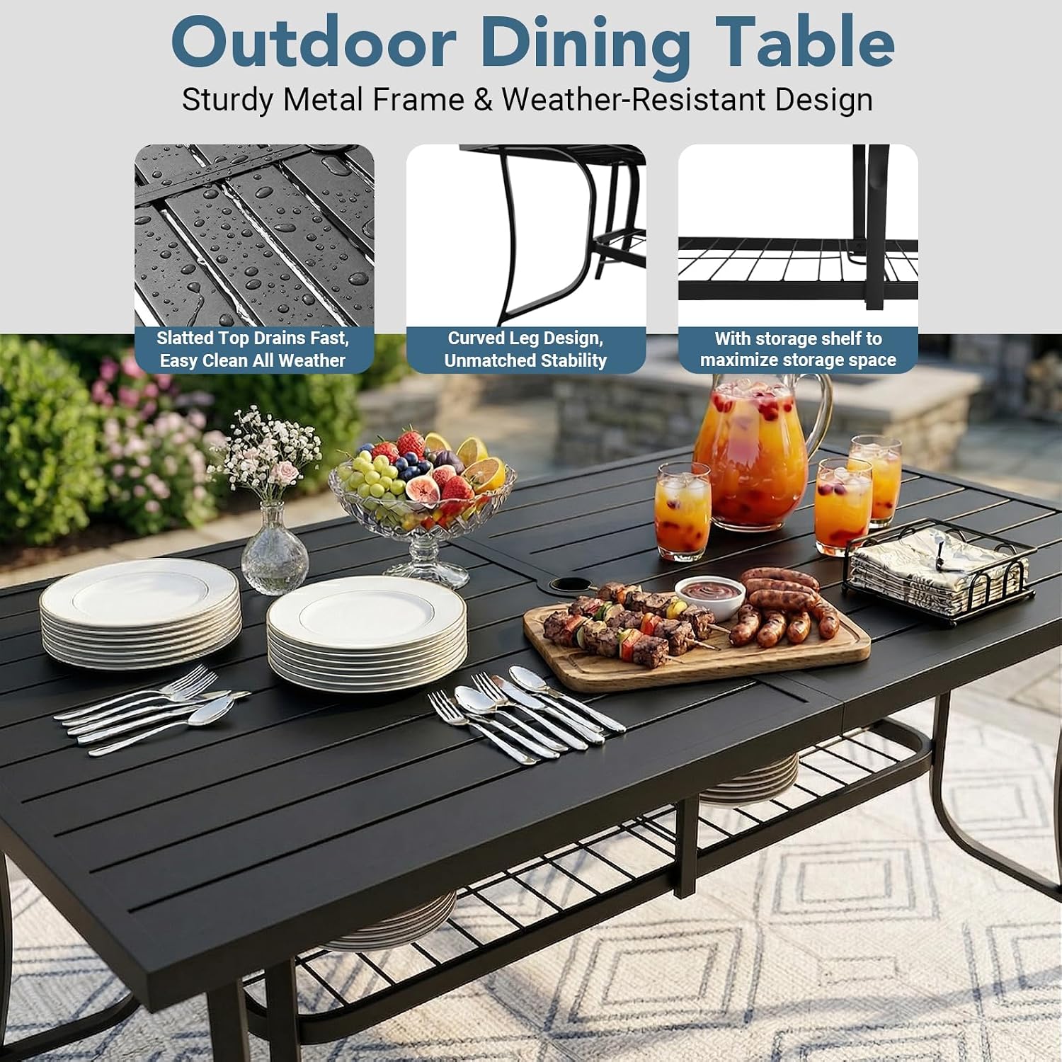 9 Piece Outdoor Patio Dining Sets, 77" Rectangular Metal Dining Table with Umbrella Hole & 8 Stackable Metal Chairs, Weather Resistant Garden Furniture Set for Backyard, Deck, Porch