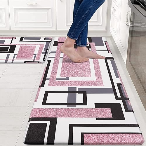 Miniatura 2 de FRAMICS Juego de 2 tapetes de cocina acolchados antifatiga, antideslizantes, juego de 2, moderno, abstracto, rosa, lavable, para el hogar, oficina,