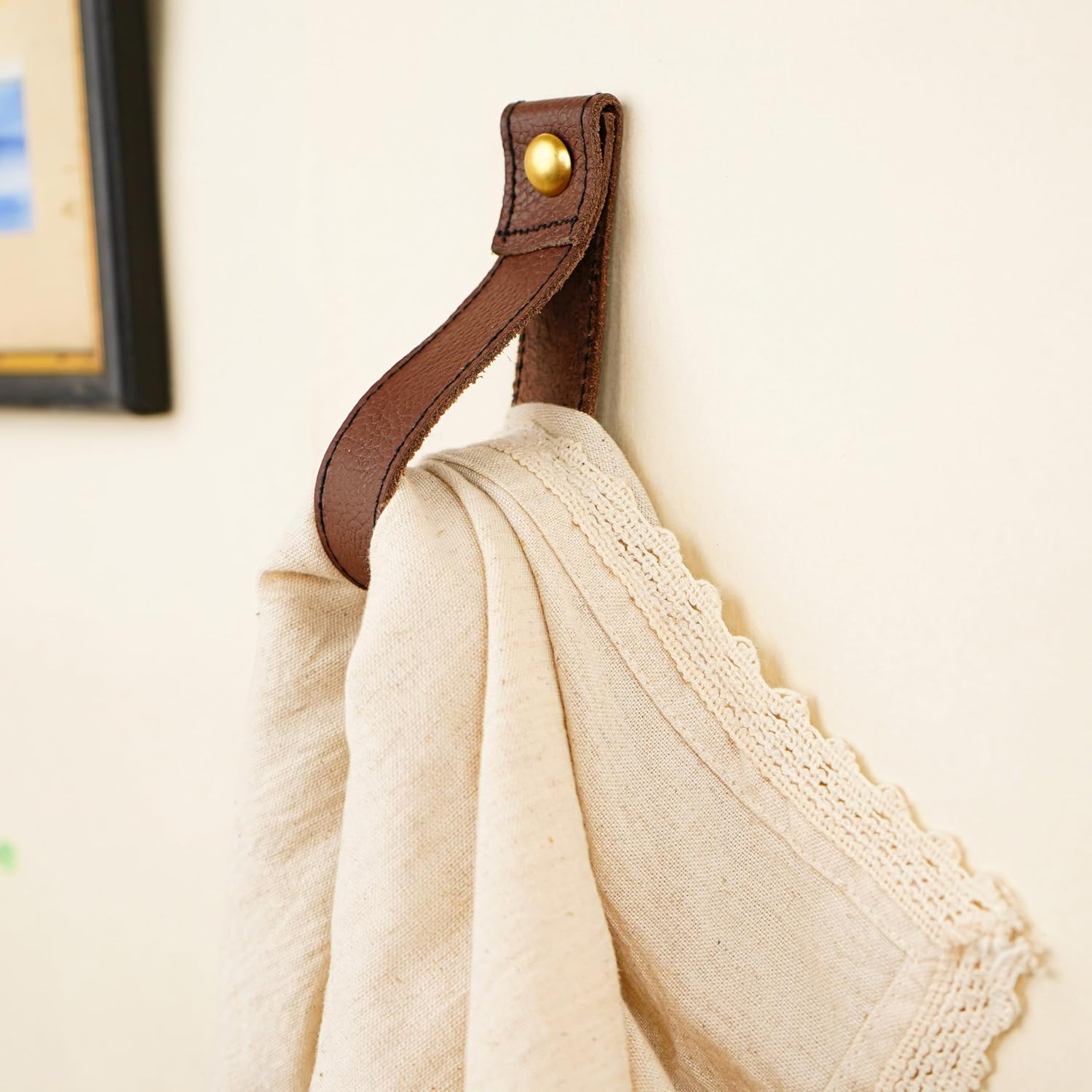 IndianShelf 6 Brown Leather Wall Hooks, Boho Loop Straps & Curtain Ties image 4