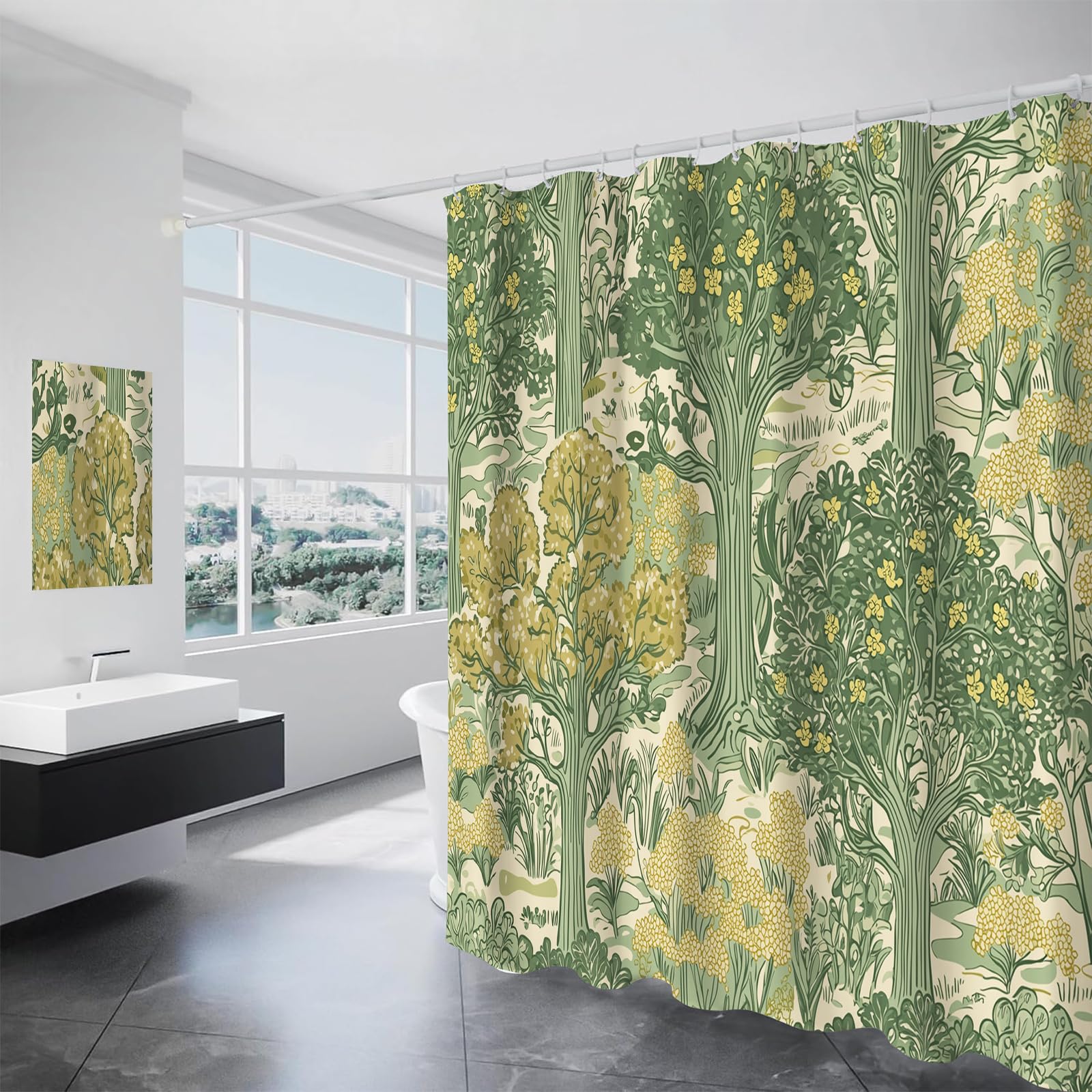 GSAEIMCT Shower Curtain 3D Yellow Green Forest Flowers William Morris Art Waterproof Cloth Fabric Bathroom Decor Set With Hooks W 70.9" X L 70.9"