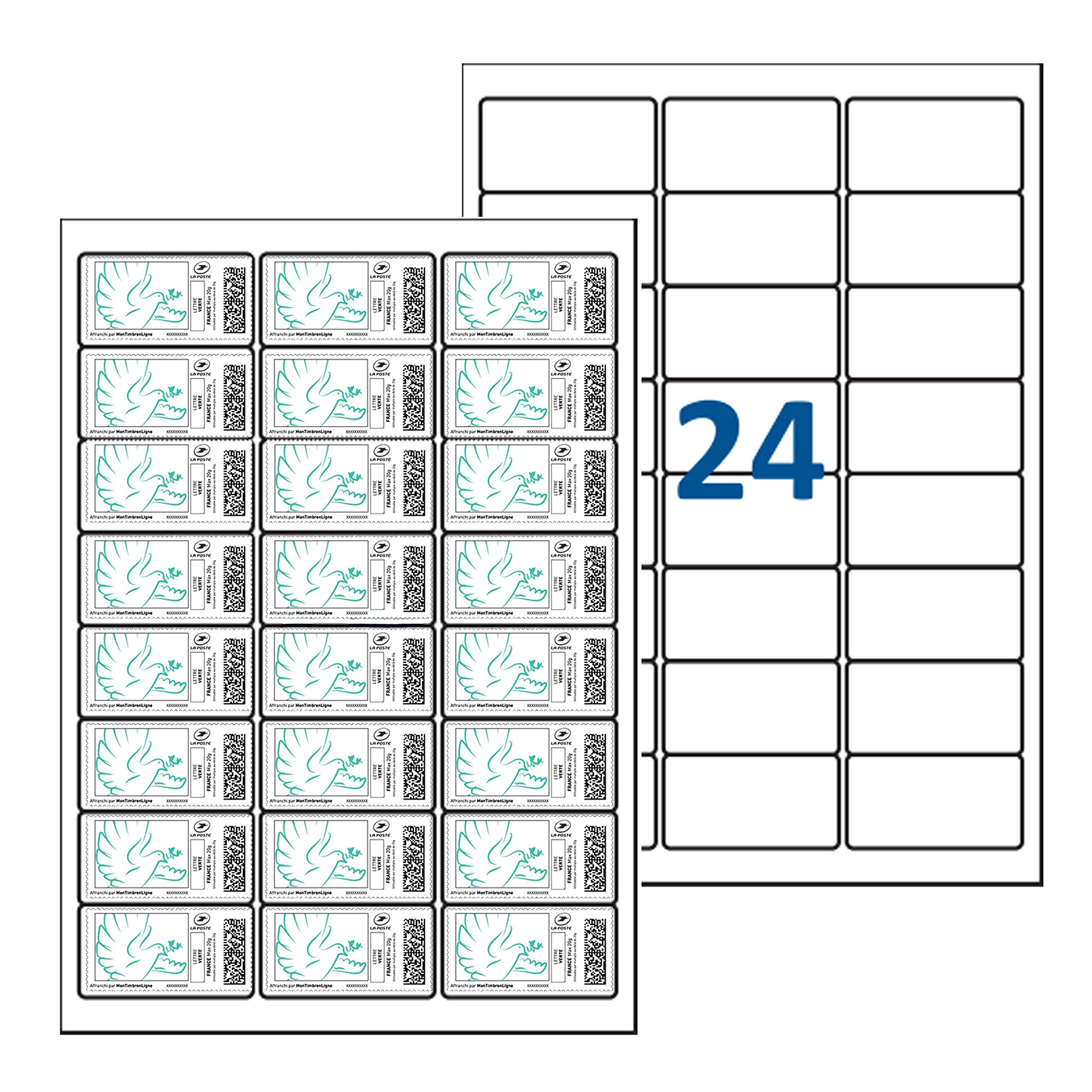 Jeco - Lot de 12000 étiquettes autocollantes pour timbres 63,5 x 33,9mm compatibles « Montimbreenligne » (L7159), soit 500 planches A4 de 24 étiquettes personnalisables et imprimables