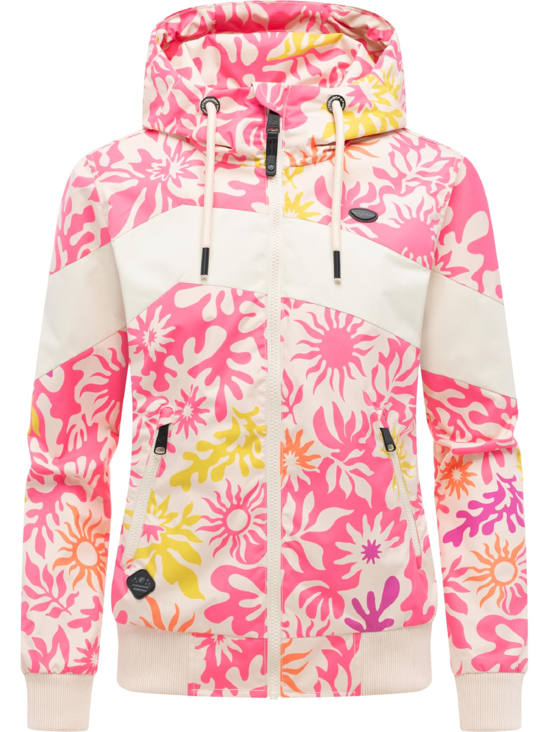 Ragwear leichte wasserdichte Damen Übergangsjacke kurz Bomberjacke mit Allover-Print und Kapuze Nuggie Block Flower XS-XXL