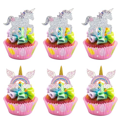 Miniatura 6 de Gyufise 24 piezas de decoración de cupcakes con purpurina de nubes de arco iris para niños y niñas, temática de arco iris, baby shower, fiesta de