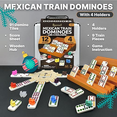 Miniatura 2 de Juego de dominó de tren mexicano con 4 soportes, dominó doble 12 con cubo de madera y soportes para azulejos, juego de dominó doble de 12 para noche