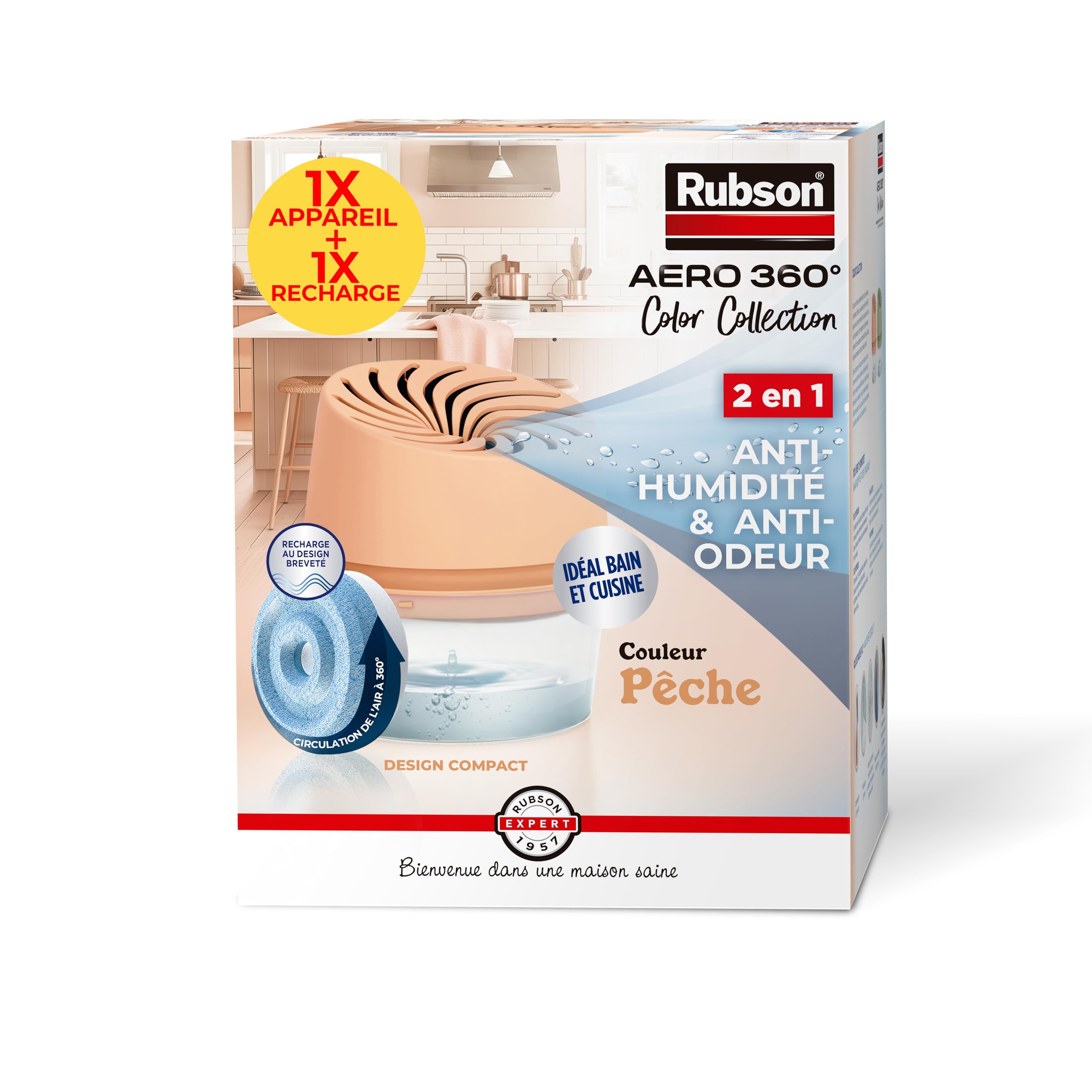Rubson - Absorbeur d'Humidité Aero 360° Couleur Pêche (1 appareil + 1 recharge de 450 g) - Absorbeur anti-humidité pour pièce jusqu'à 20 m² - Déshumidificateur d'air anti-odeur et anti-moisissure