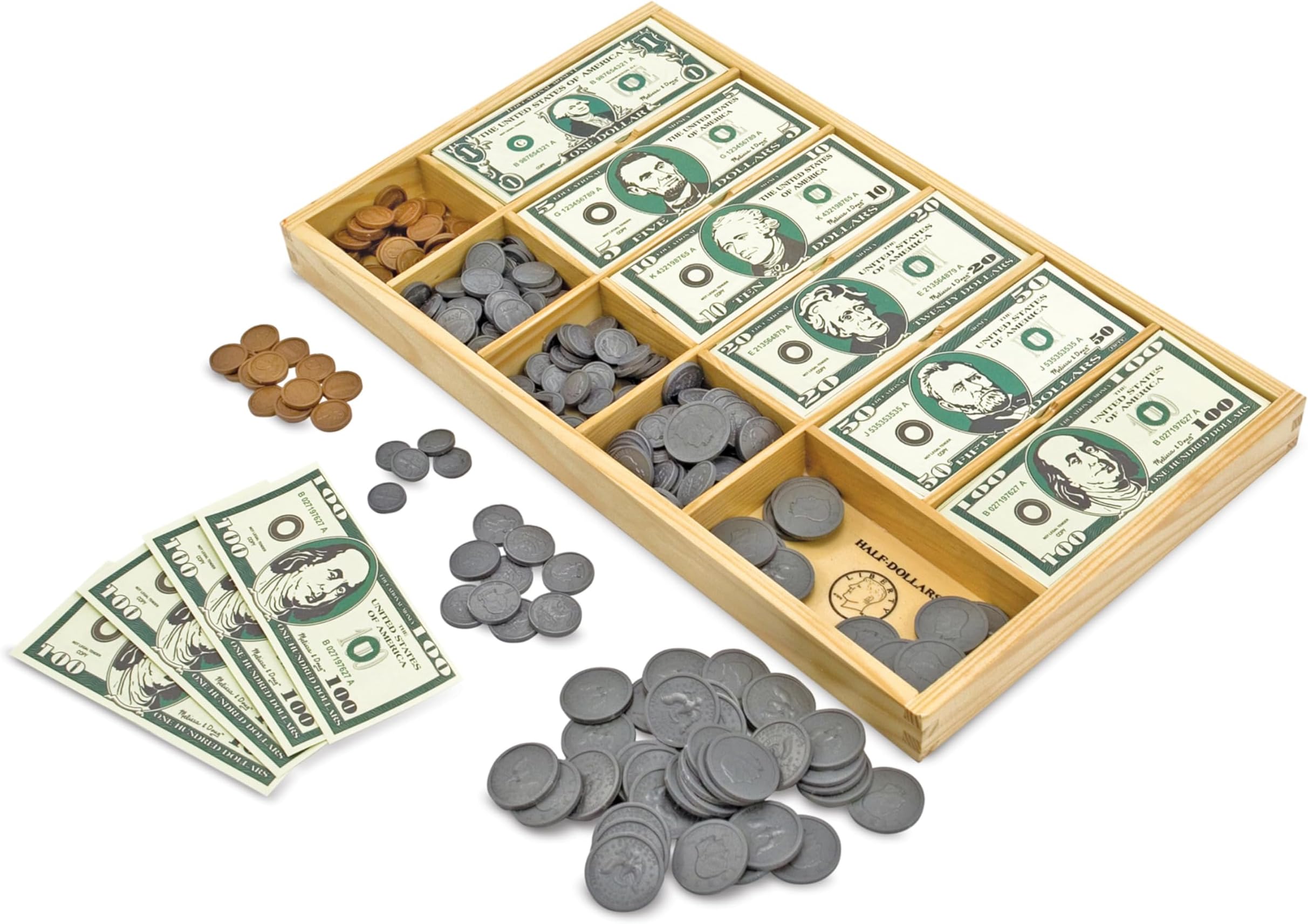 Play Money Set - Educational Toy With Paper Bills and Plastic Coins (50 of each denomination) and Wooden Cash Drawer for Storage