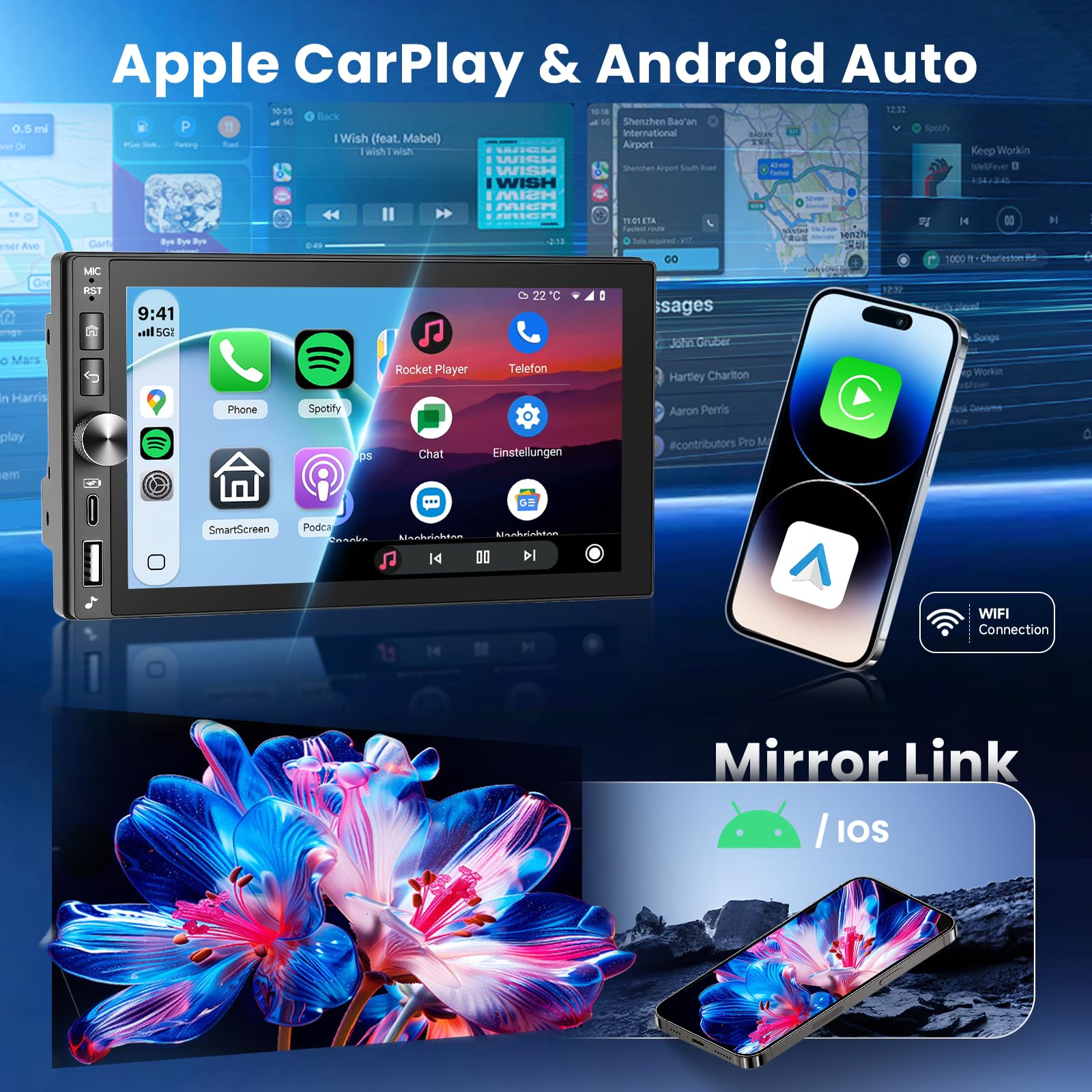 Hodozzy 4G+64GB Autoradio Android 2 Din avec Carplay Android Auto sans Fil, écran Tactile 7 Pouces, Poste Radio Voiture Double Din avec GPS, Bluetooth DSP, WiFi, FM RDS, Type-C/USB, Caméra de Recul