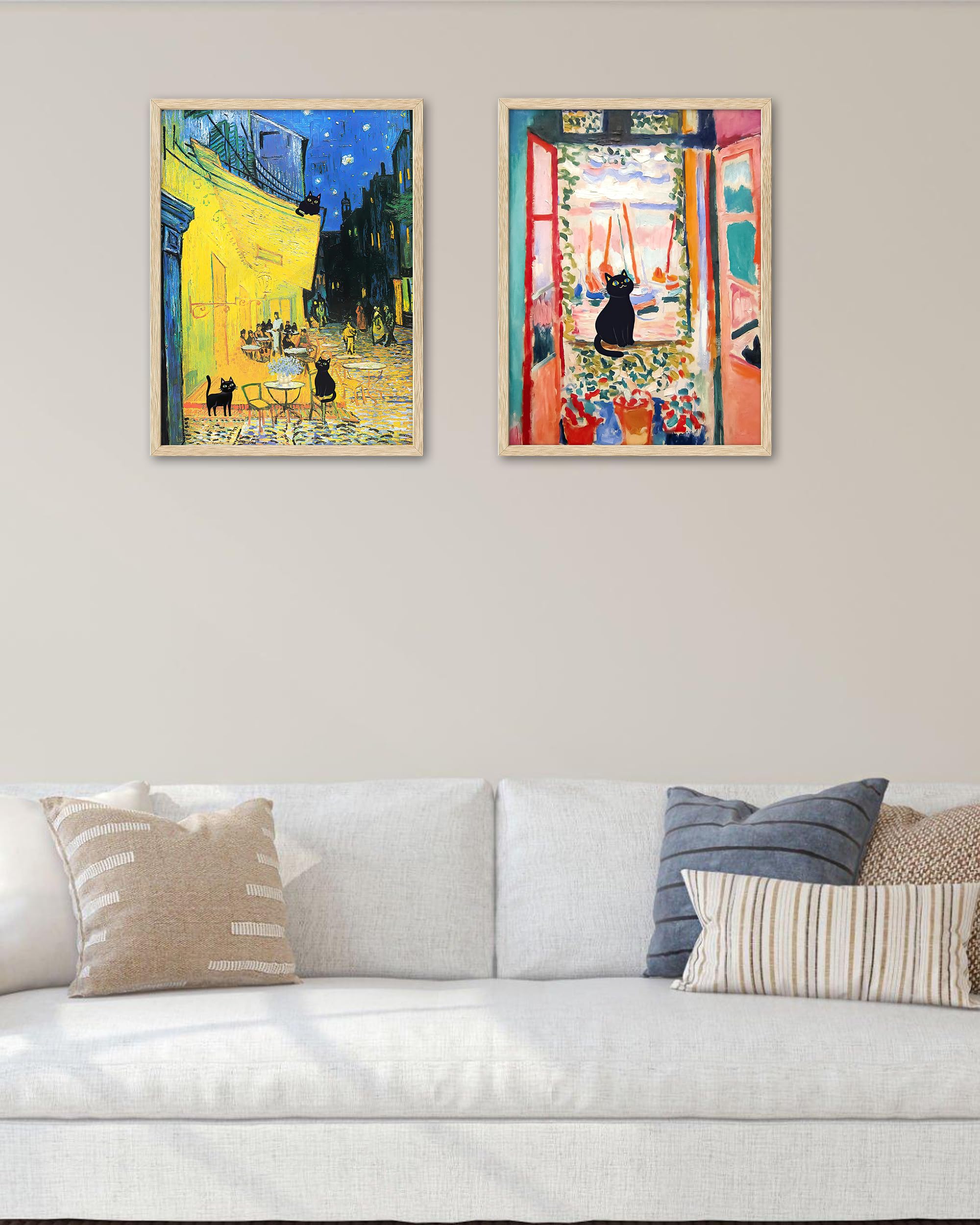 UPWOIGH Natuurlijke Eiken Beige Houten Ingelijste Muurkunst, Monet Waterlelie Kat Print, Zwemmen Poster, Schattige Zwarte Kat Foto, Claude Monet Grappige Kunst Voor Slaapkamer