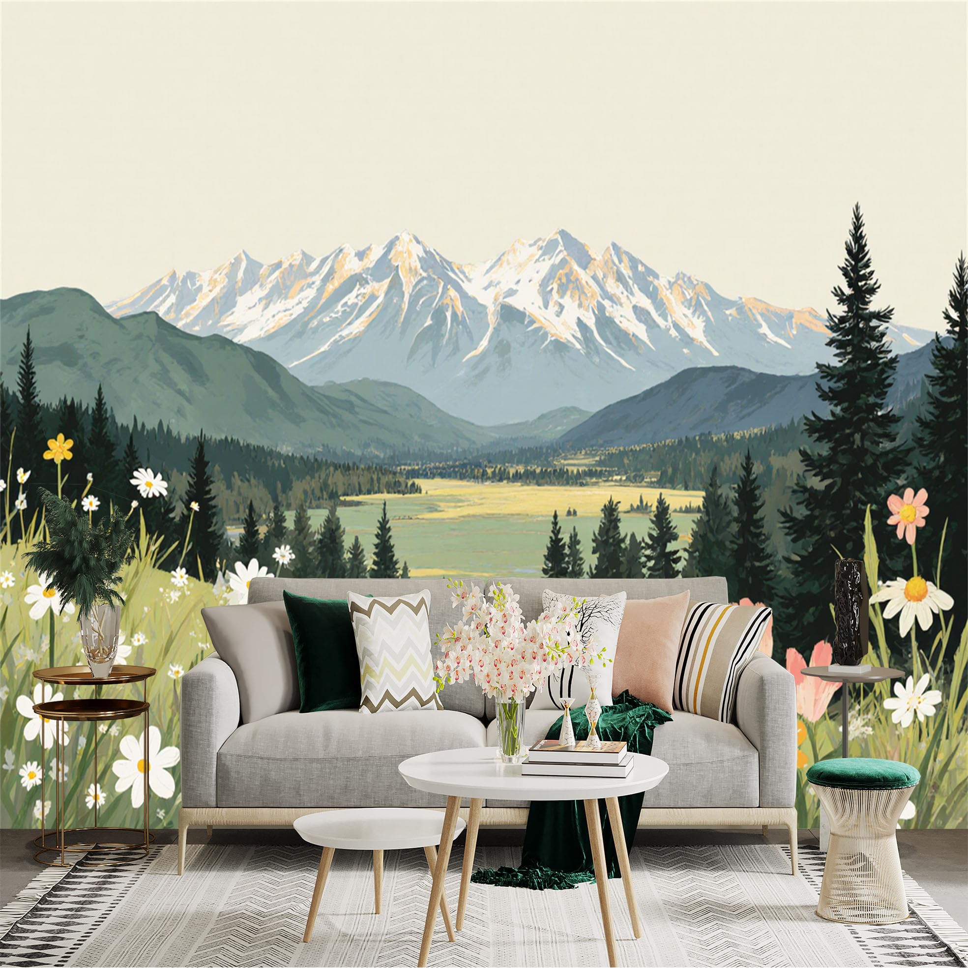 Custom Size Wall Sticker Mural， Scenic Mountain Landscape， Blooming Wildflower Meadow， Pine Forest Scenery， Nature Art， for wall Decoration， peelandstick wall Decals.