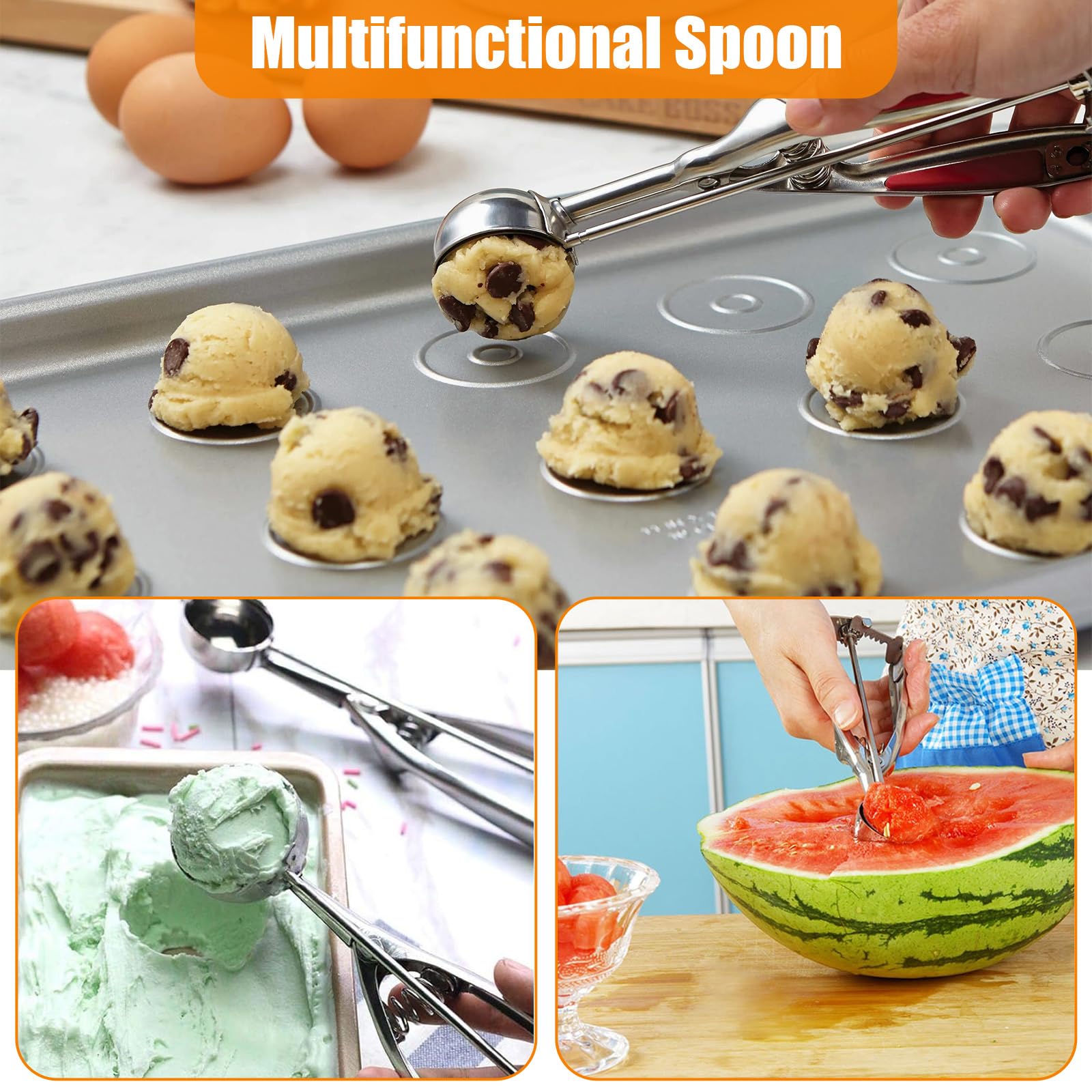 3Pcs Cuchara Helado Acero Inoxidable con Mecanismo Resorte, Cucharón Bolas Helados Tamaños Diferentes, Sacabolas Galletas Mango Cómodo para Hornear, Patatas, Pastel, Masa, Arroz,Carne,Fruta,Bola Melón