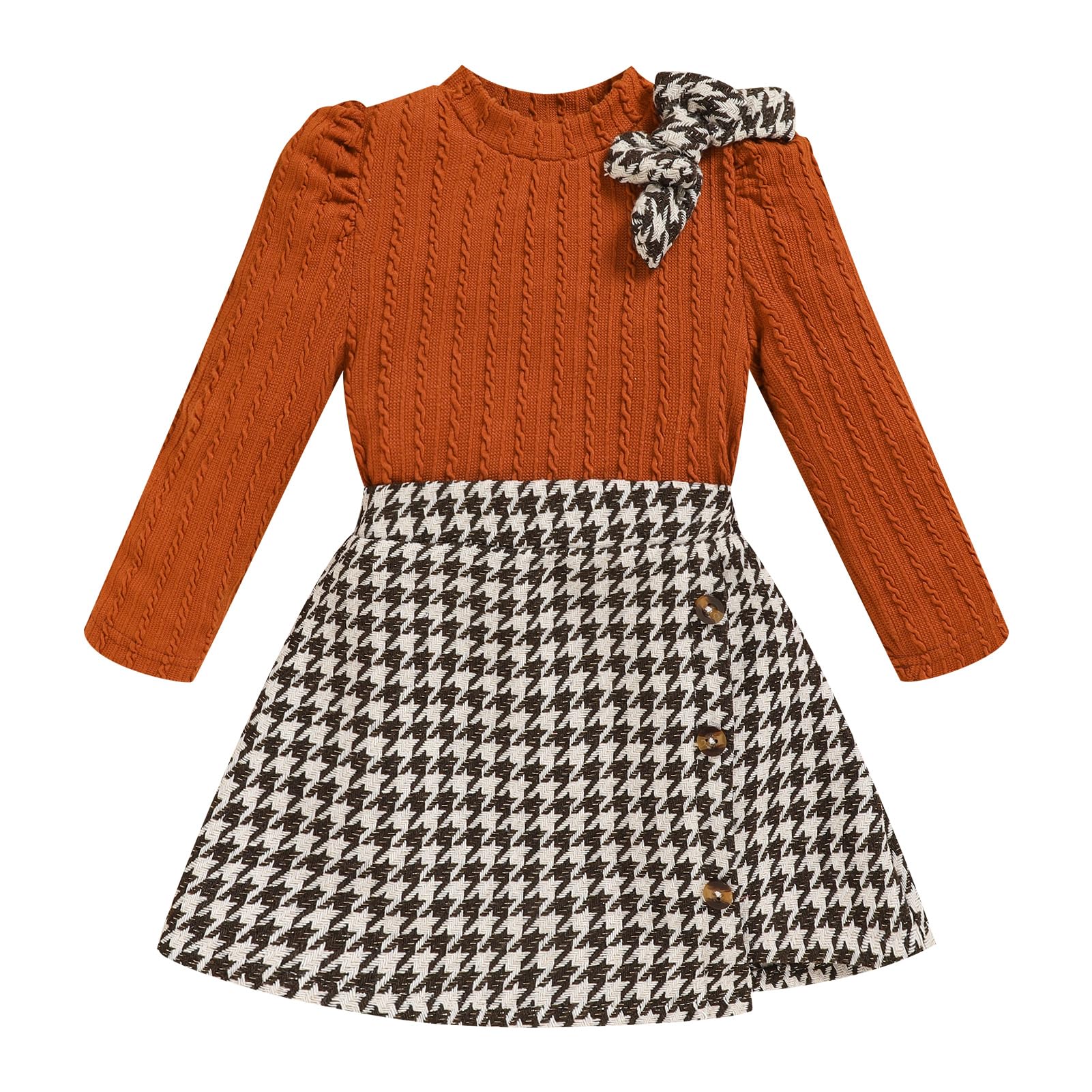 Toddler Girl Plaid Outfits Fall Winter Dress Knit Ribbed Bow Sweatshirt Tops and Button Fashion Skirts Set